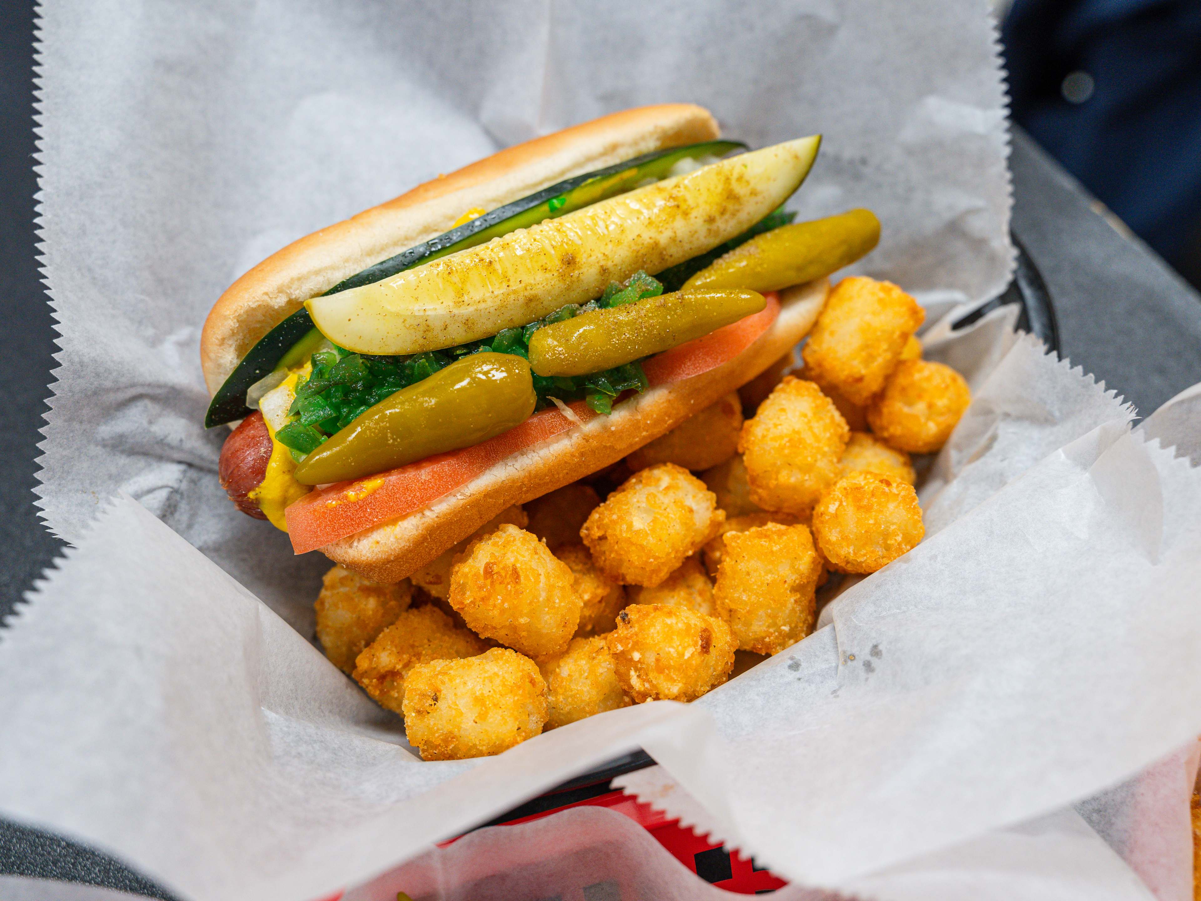 Chicago dog with tater tots on the side in a basket