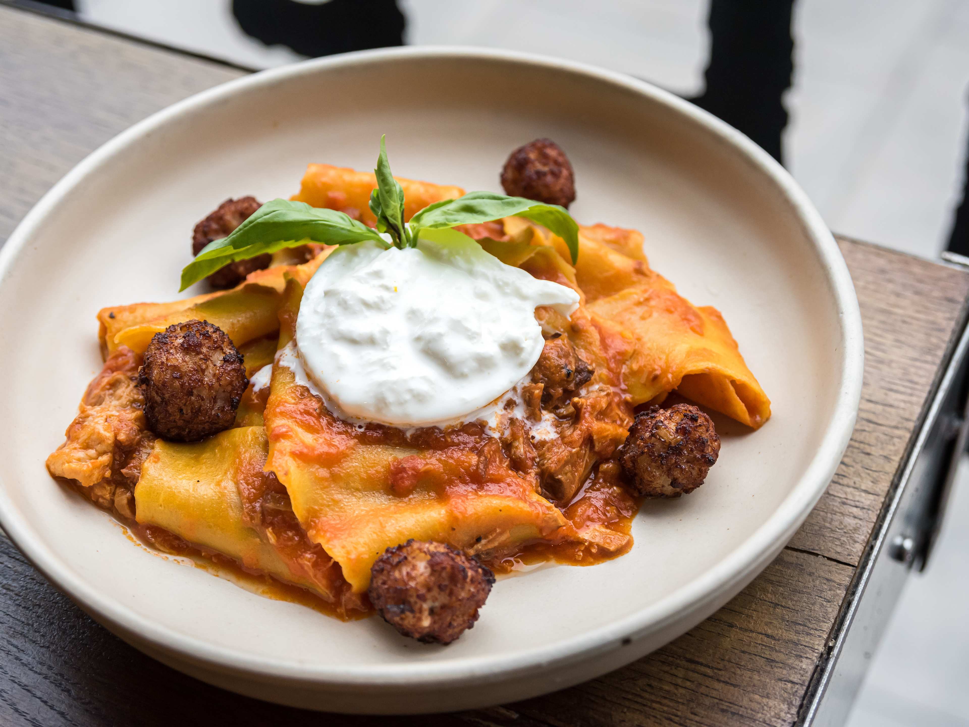 The pappardelle with meatballs and burrata from Officina 00.
