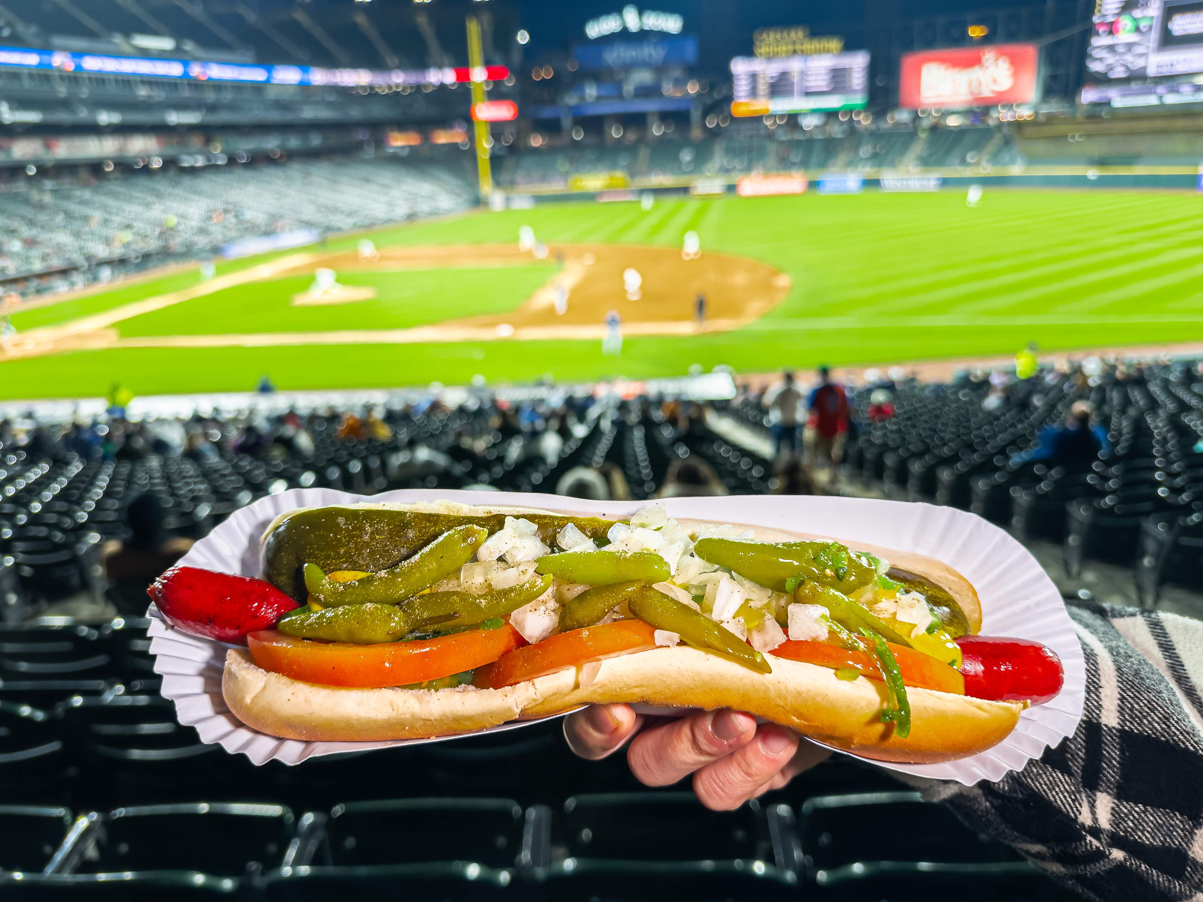 Footlong Chicago dog held up with a baseball diamond in the background