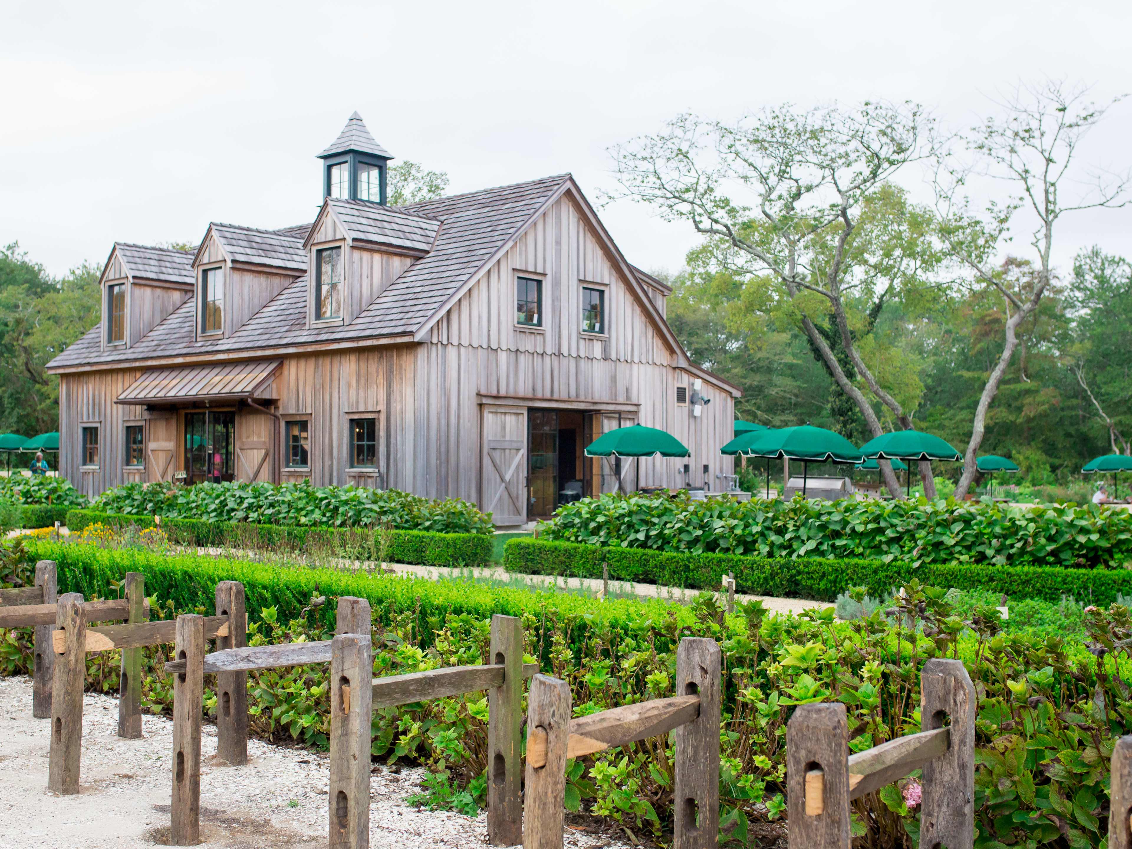 rustic wooden farmhouse exterior with rows of plants and umbrellas