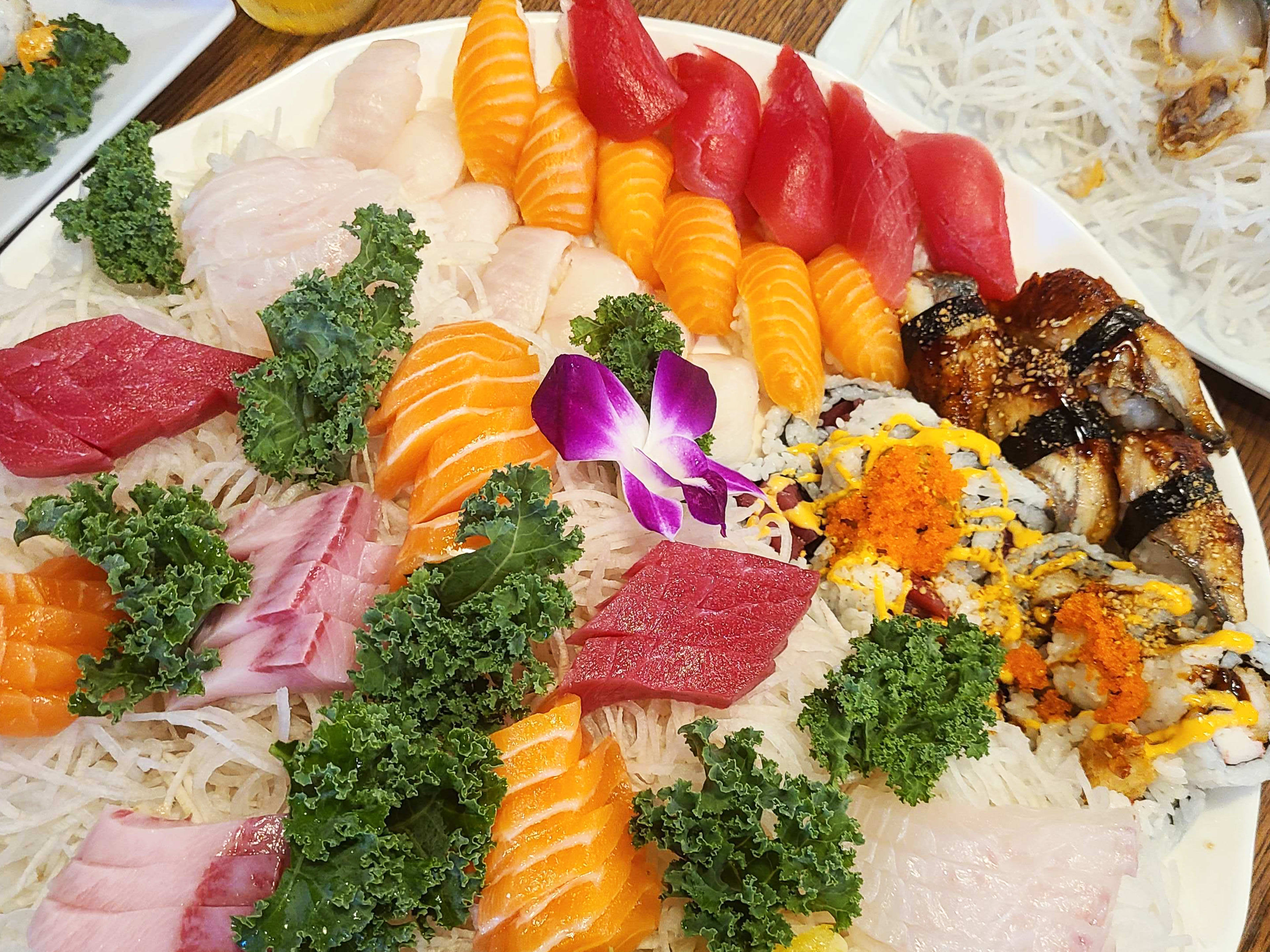 Large platter of colorful sushi