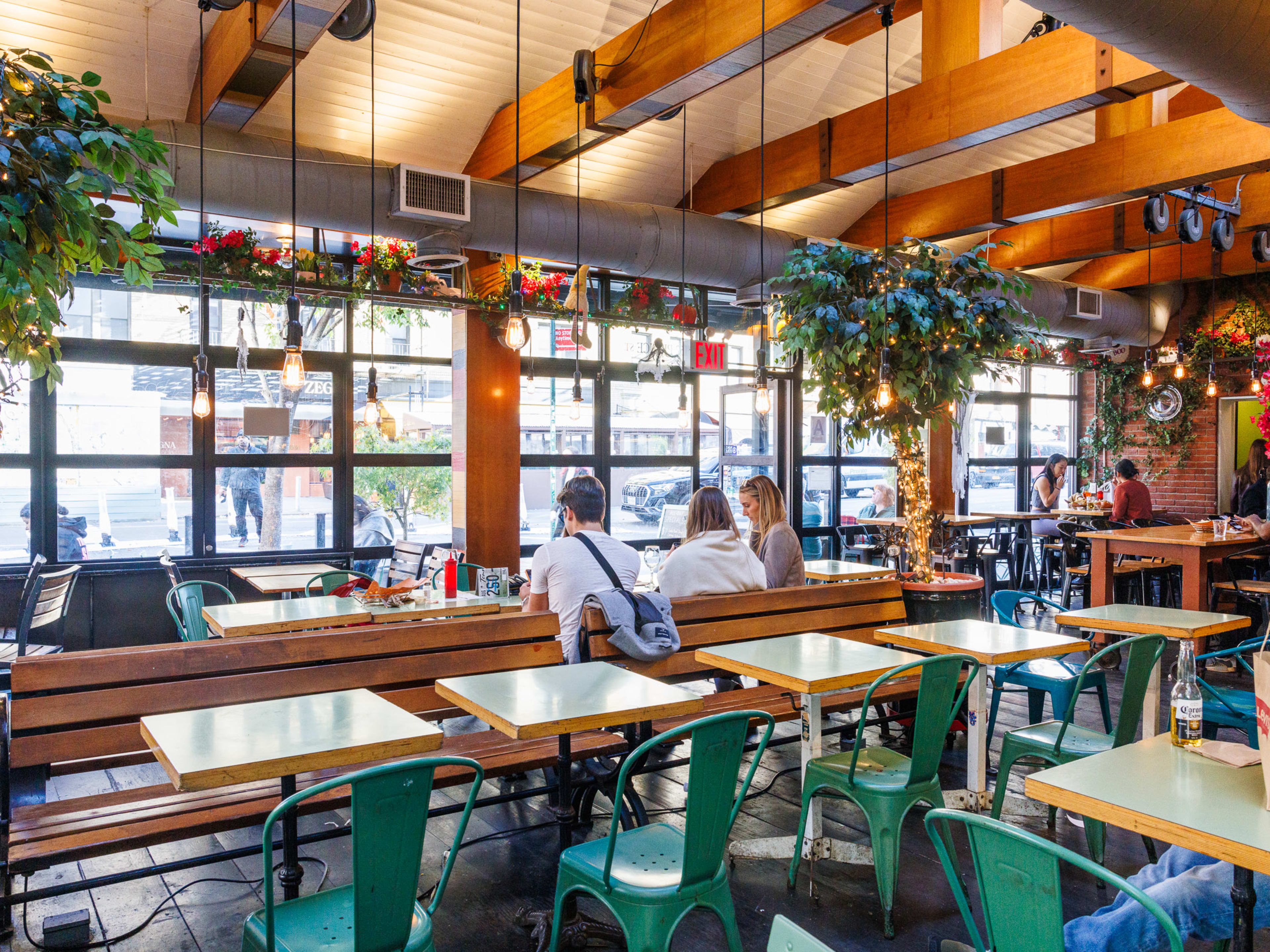 SoHo Park interiors with plants hanging from the ceiling, a large wall of windows looking out onto the street, and multiple square wooden tables with metal chairs