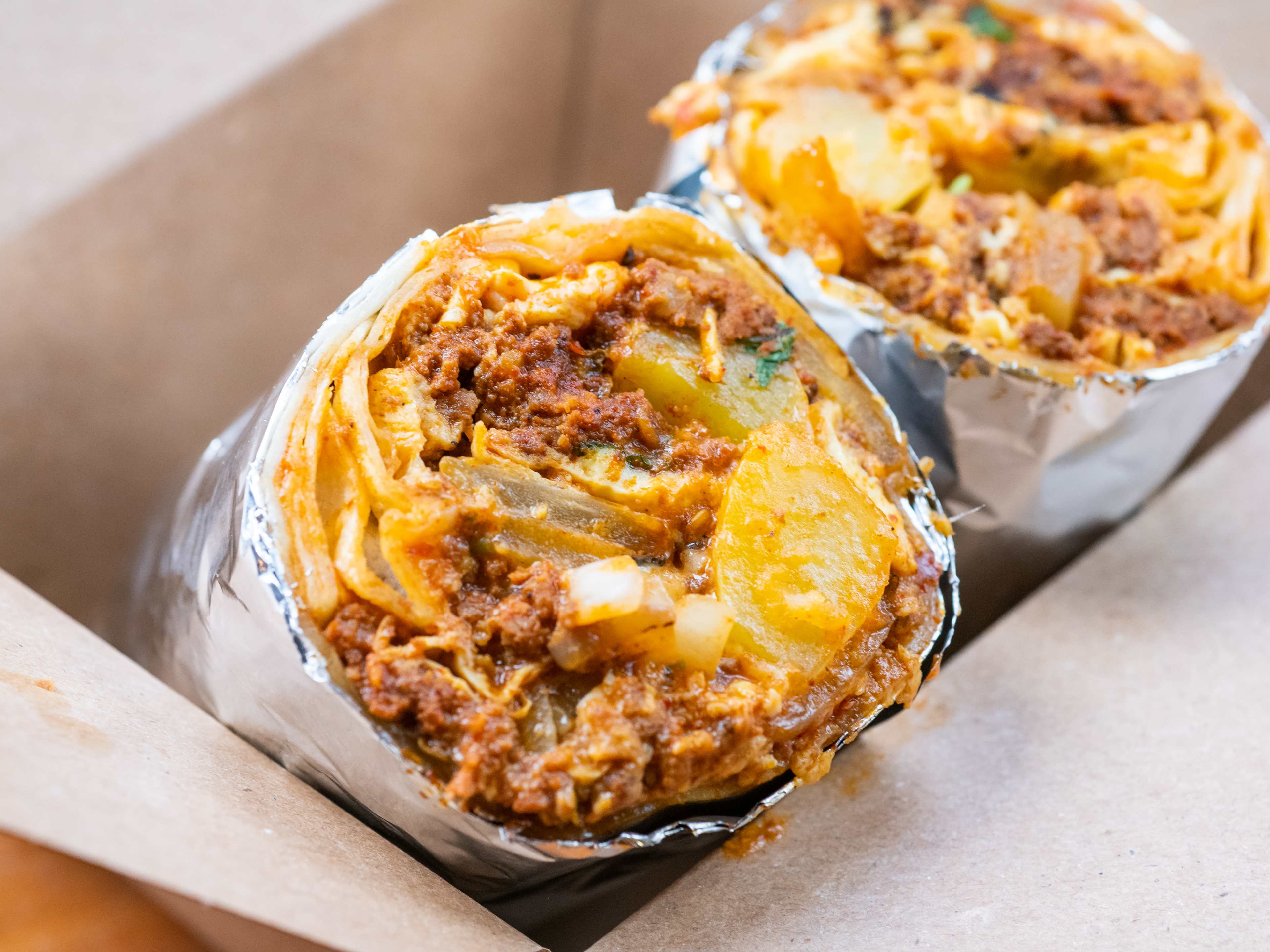 chorizo breakfast burrito from Rachel's Bagels & Burritos