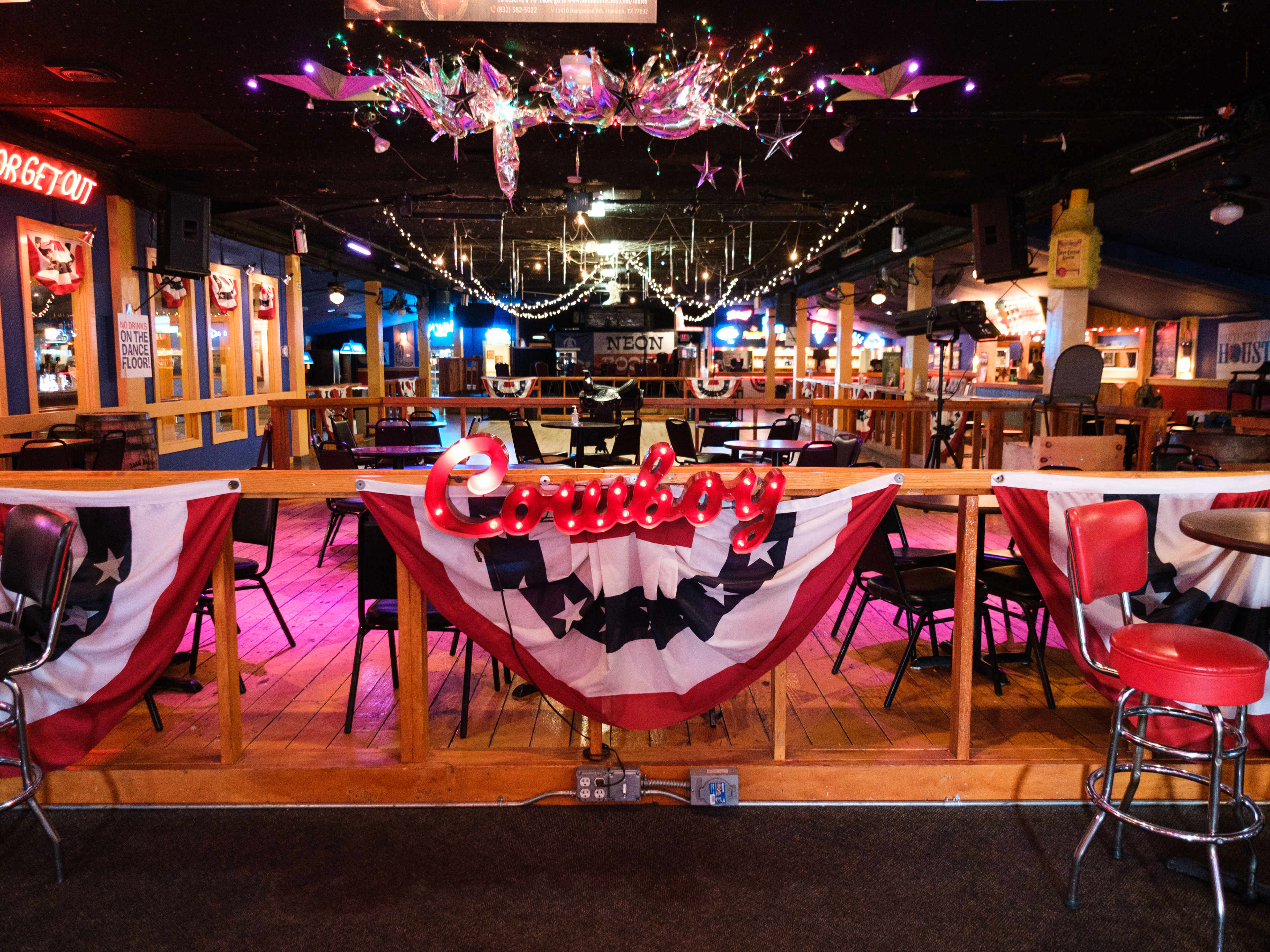 The interior of Neon Boots Dancehall & Saloon