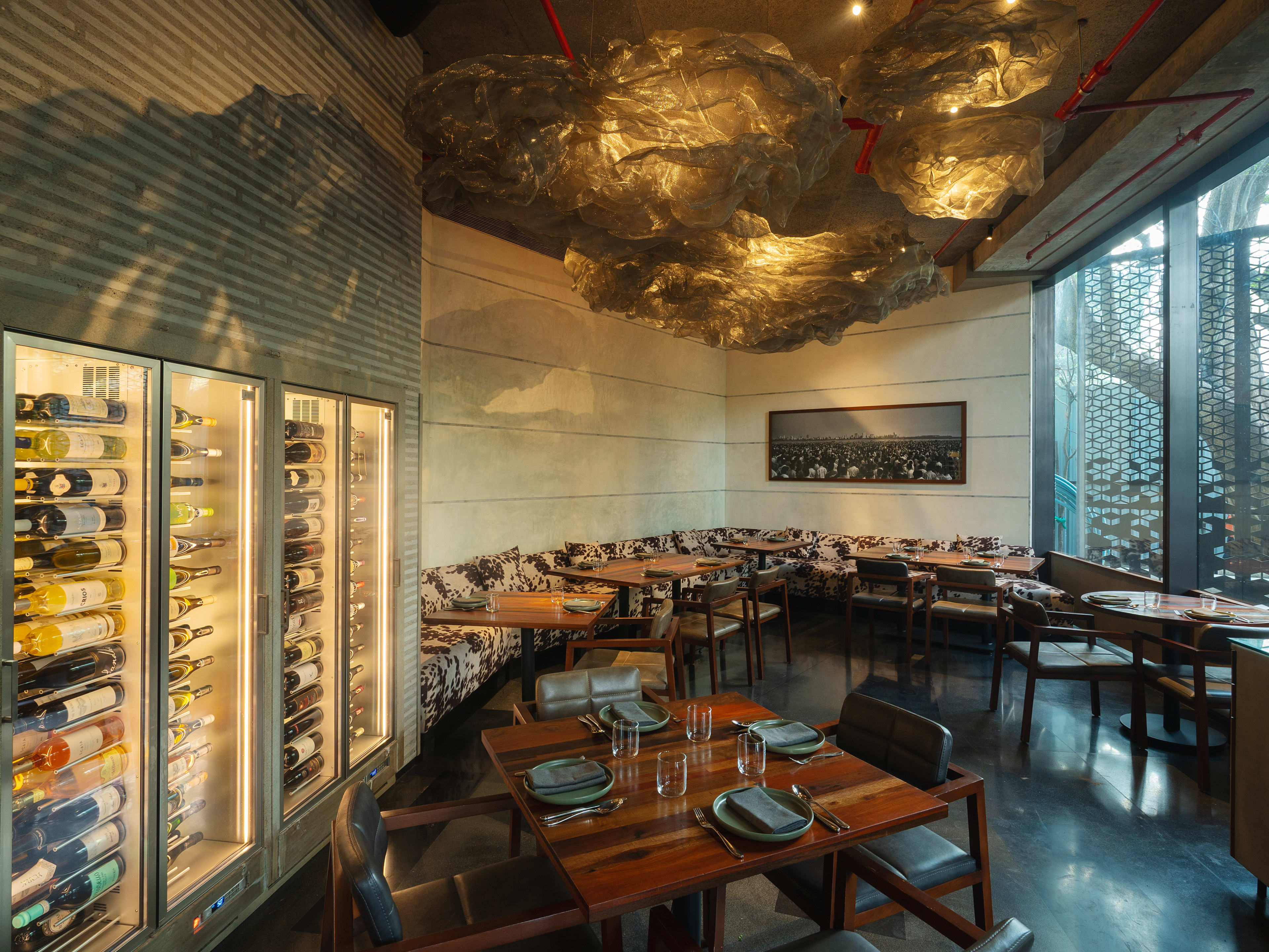 Dining room lined with wine fridges at Ode