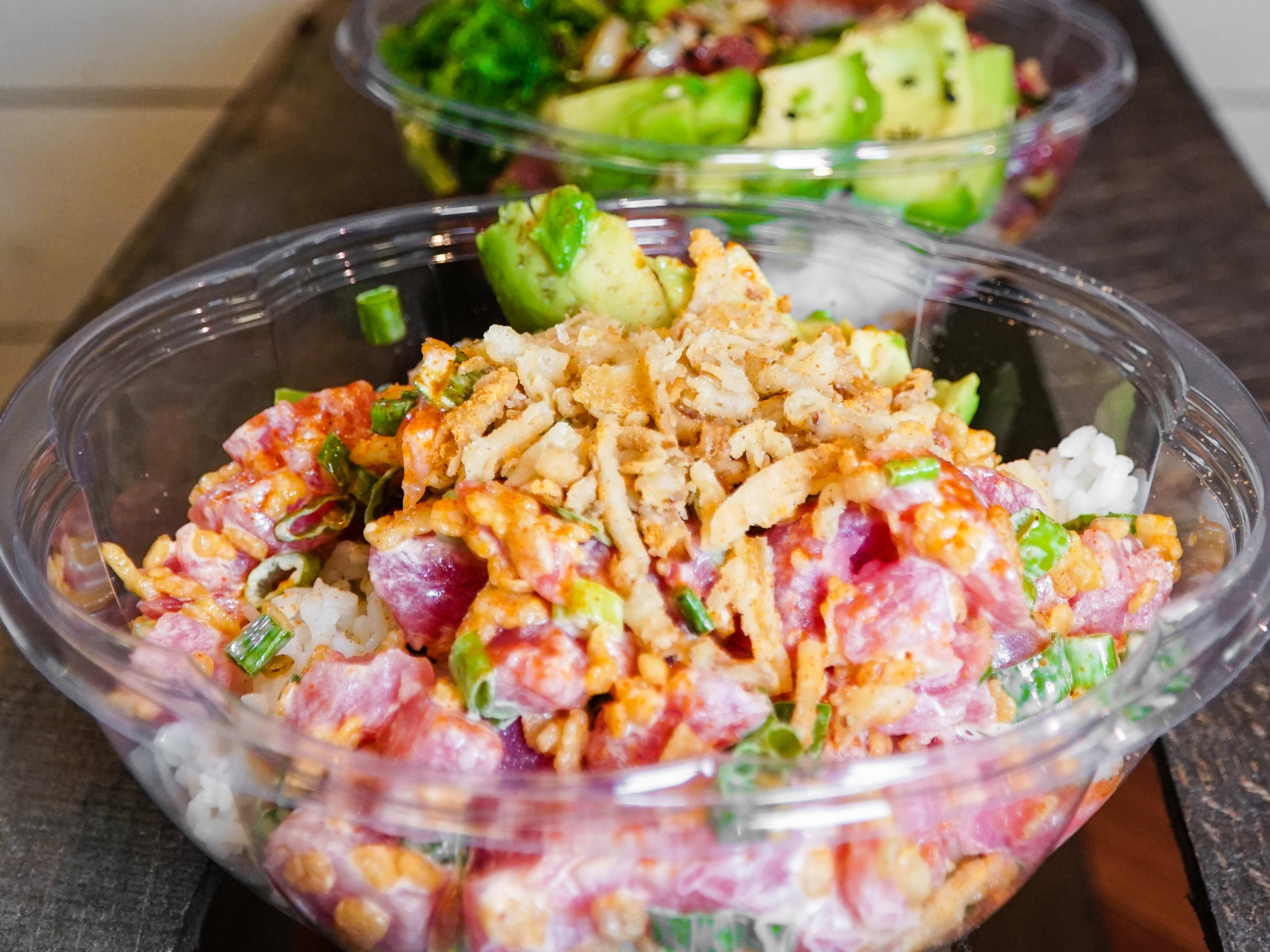 Poke bowl from Da Kine Poke in a plastic container