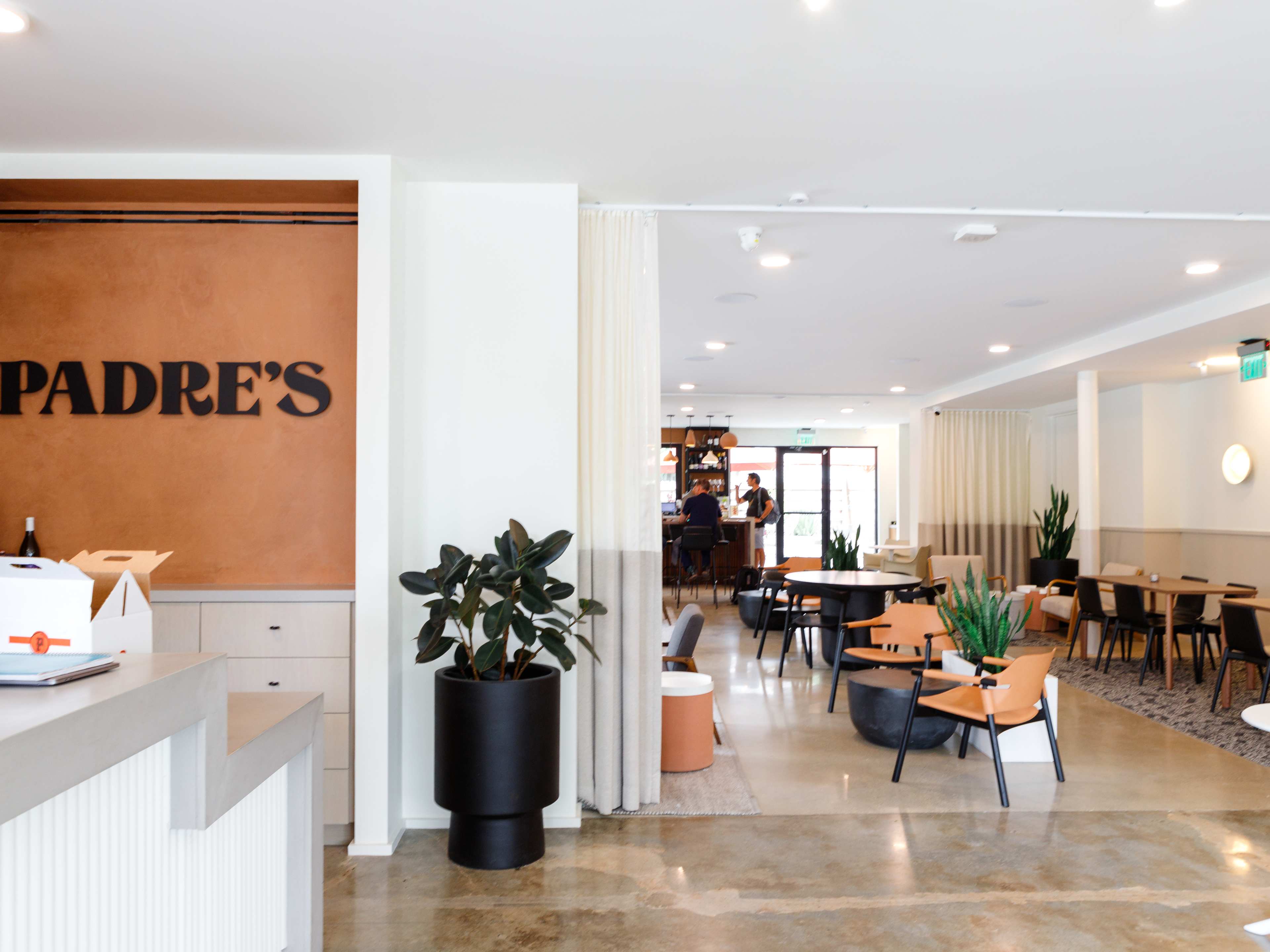 bright, white interior of Padre's Wine Shop with potted plants and lounge furniture