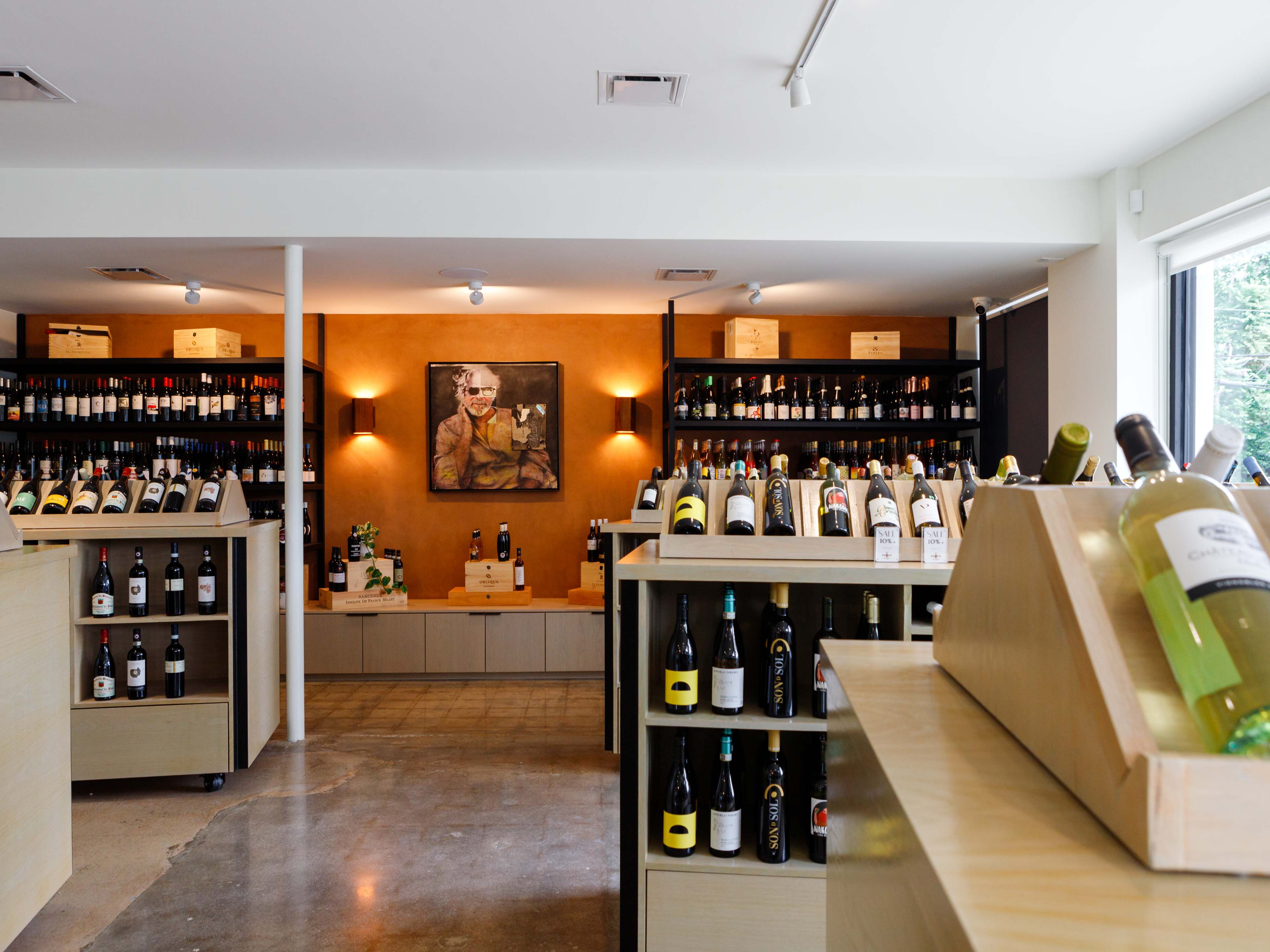 wine shop at Padre's Wine Bar with short shelves of wine