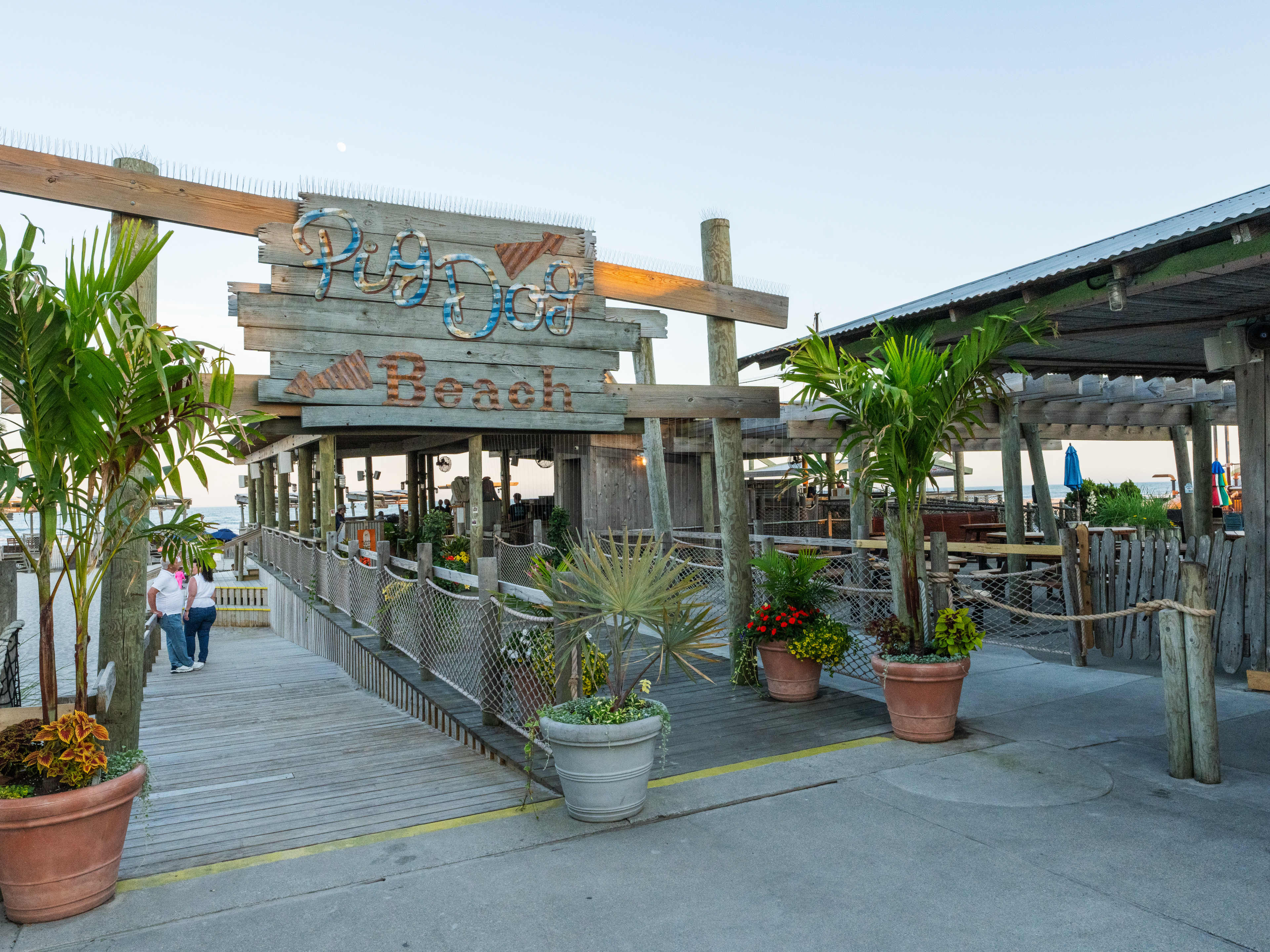 Exterior and entryway of Pig Dog with signage painted on wood.