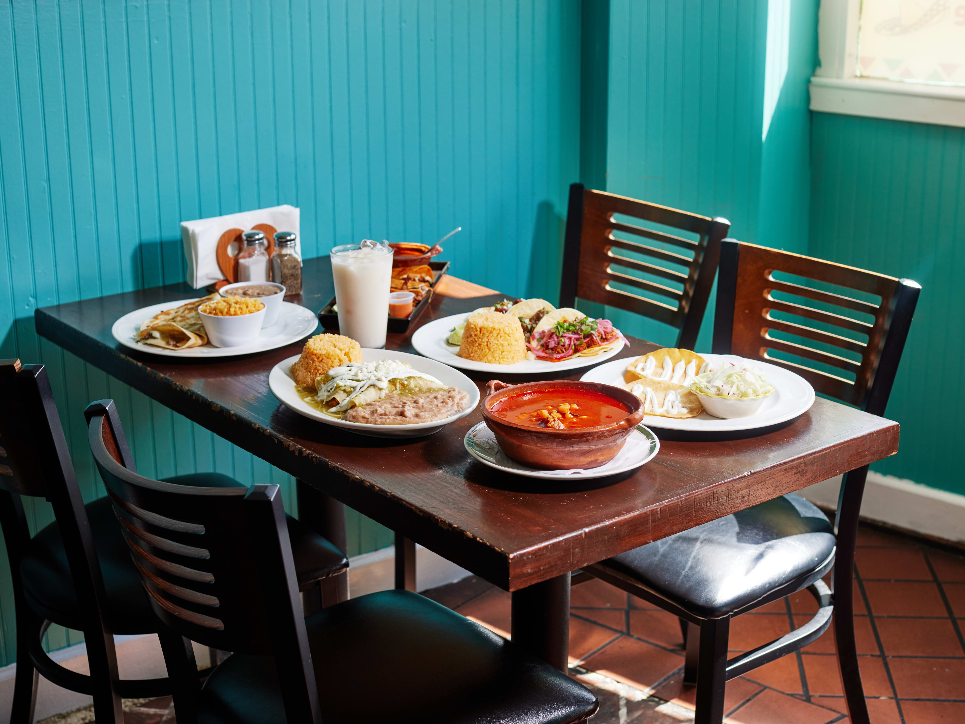 Spread of Mexican dishes at Rincon Mexicano