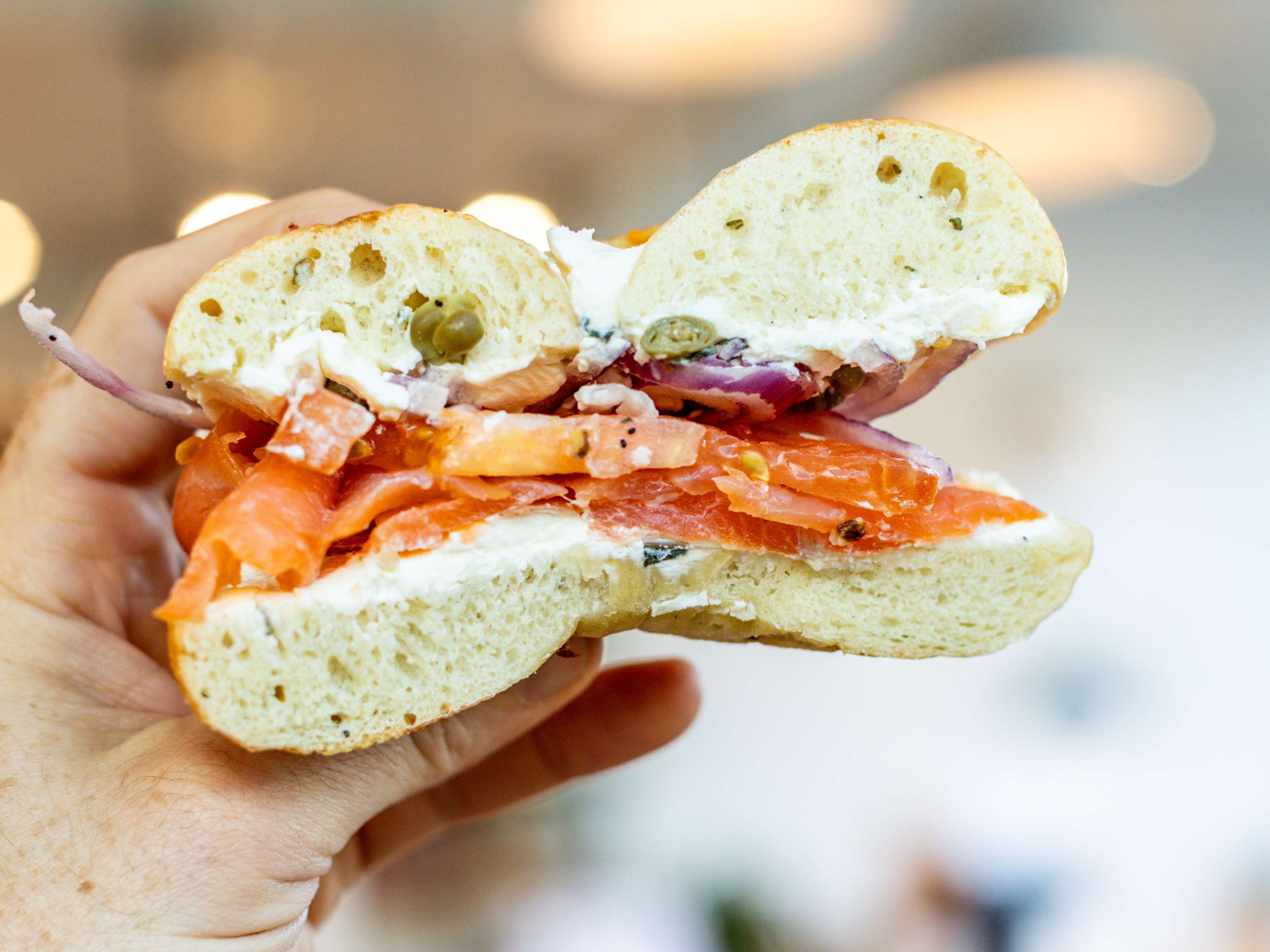 A classic lox schmearwich from Rosen's Bagels.