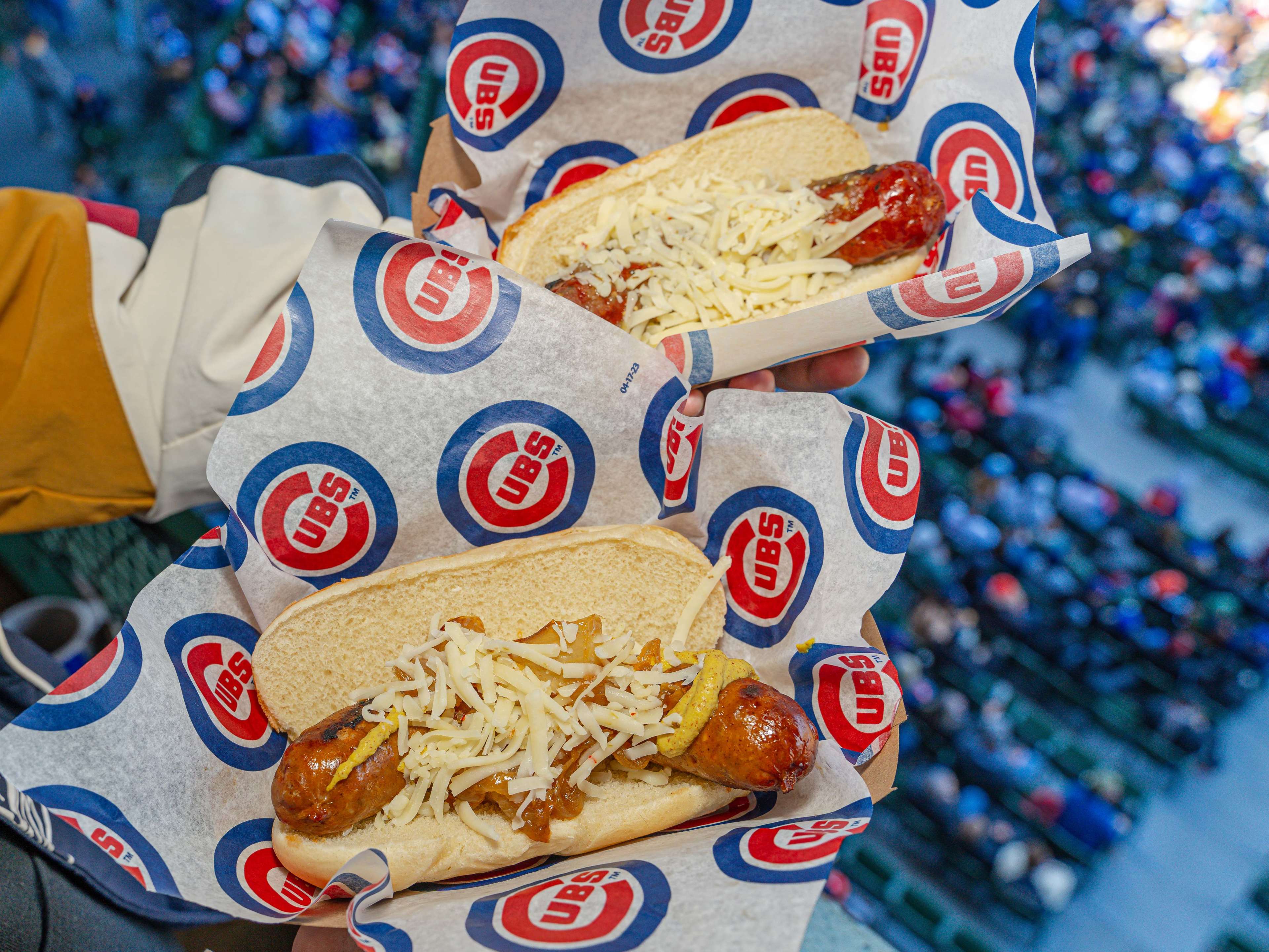 Two sausages on hot dog buns topped with cheese wrapped in Cubs branded parchment paper.