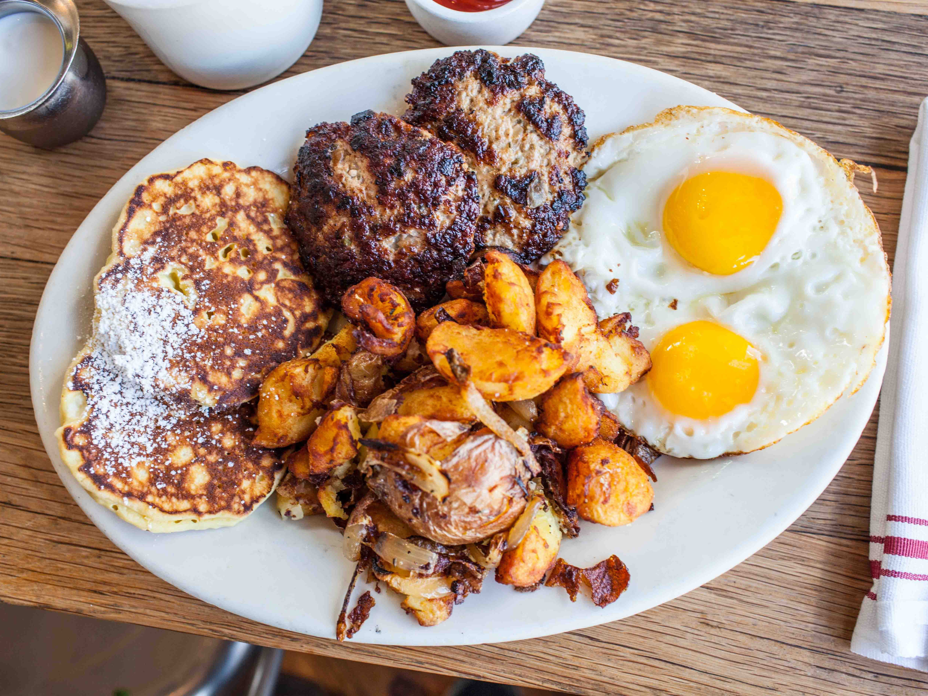 The Plow plate with sausages, eggs, potatoes, and pancakes at Plow