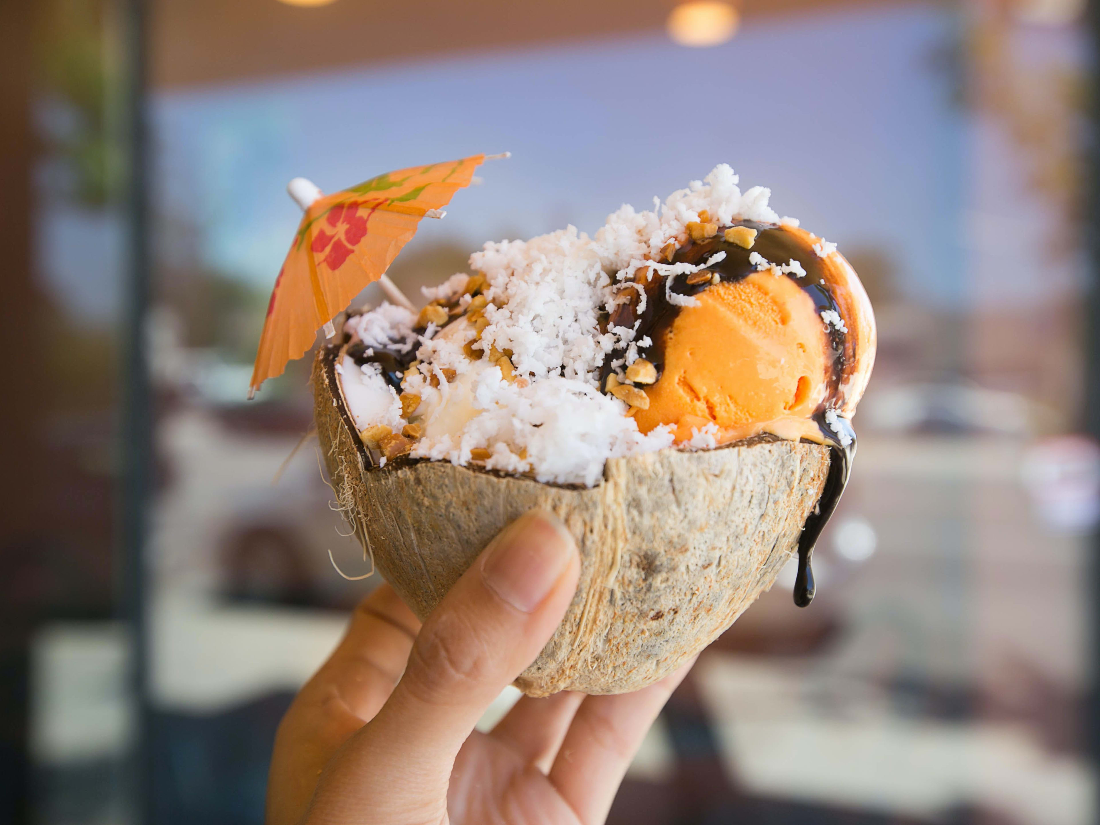 A coconut sundae from Pops Artisanal Creamery