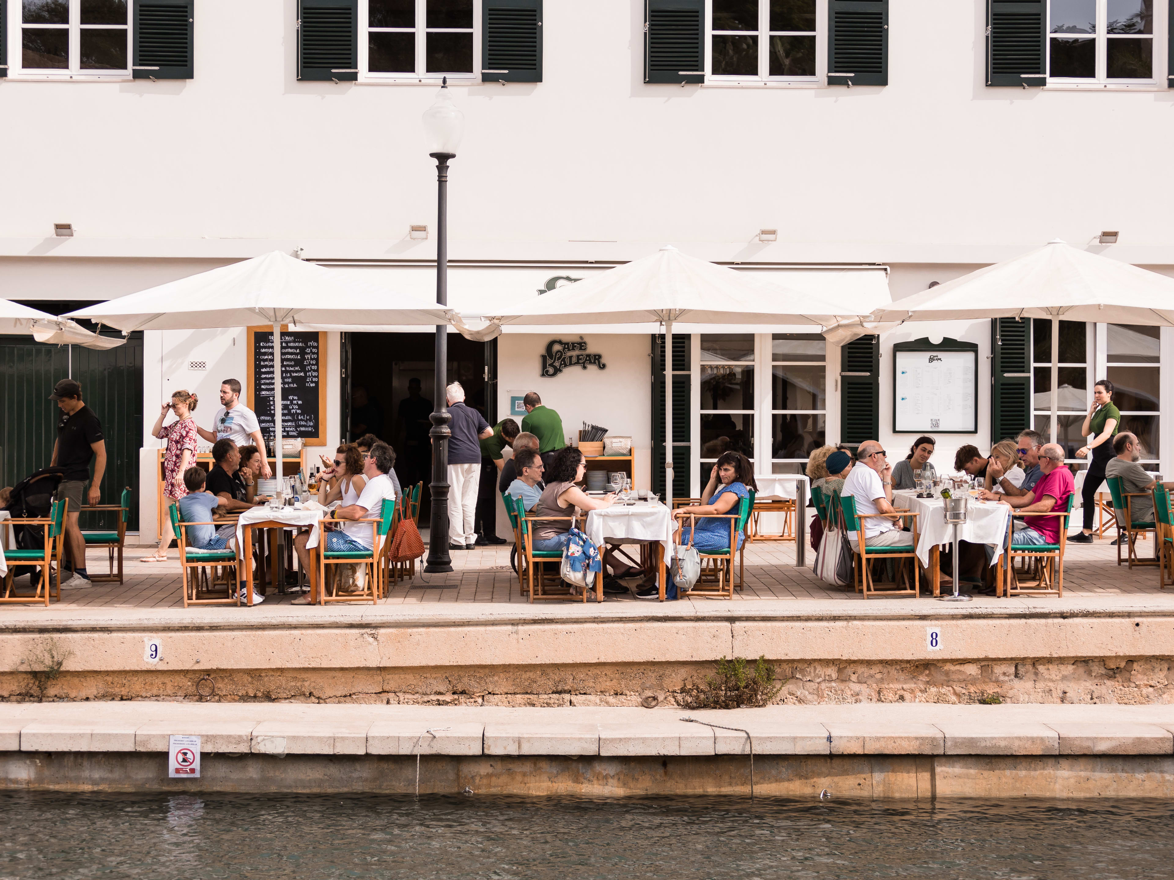 The terrace of Cafe Balear in Menorca, Spain.