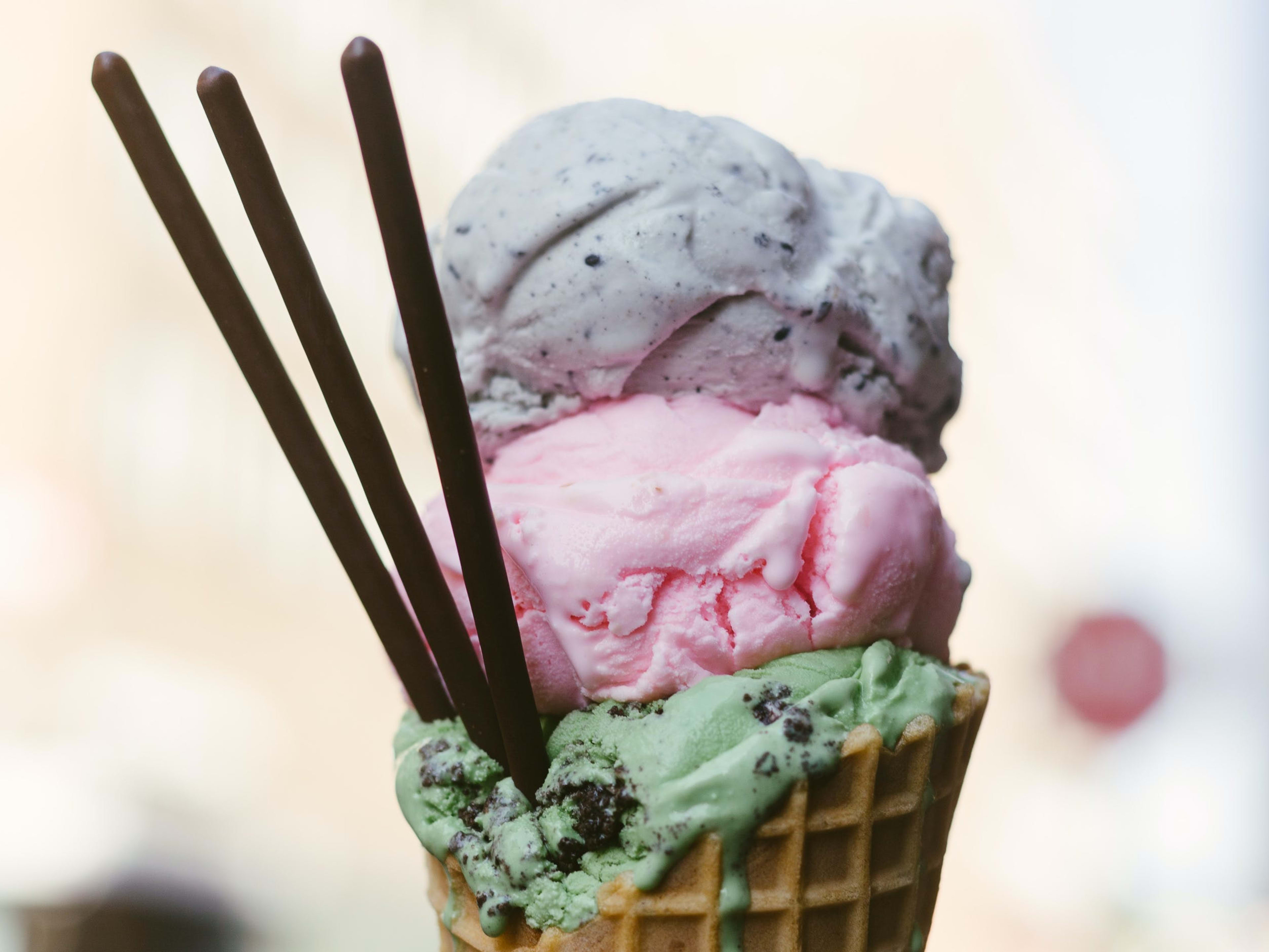 A three scoop cone from The Original Chinatown Ice Cream Factory