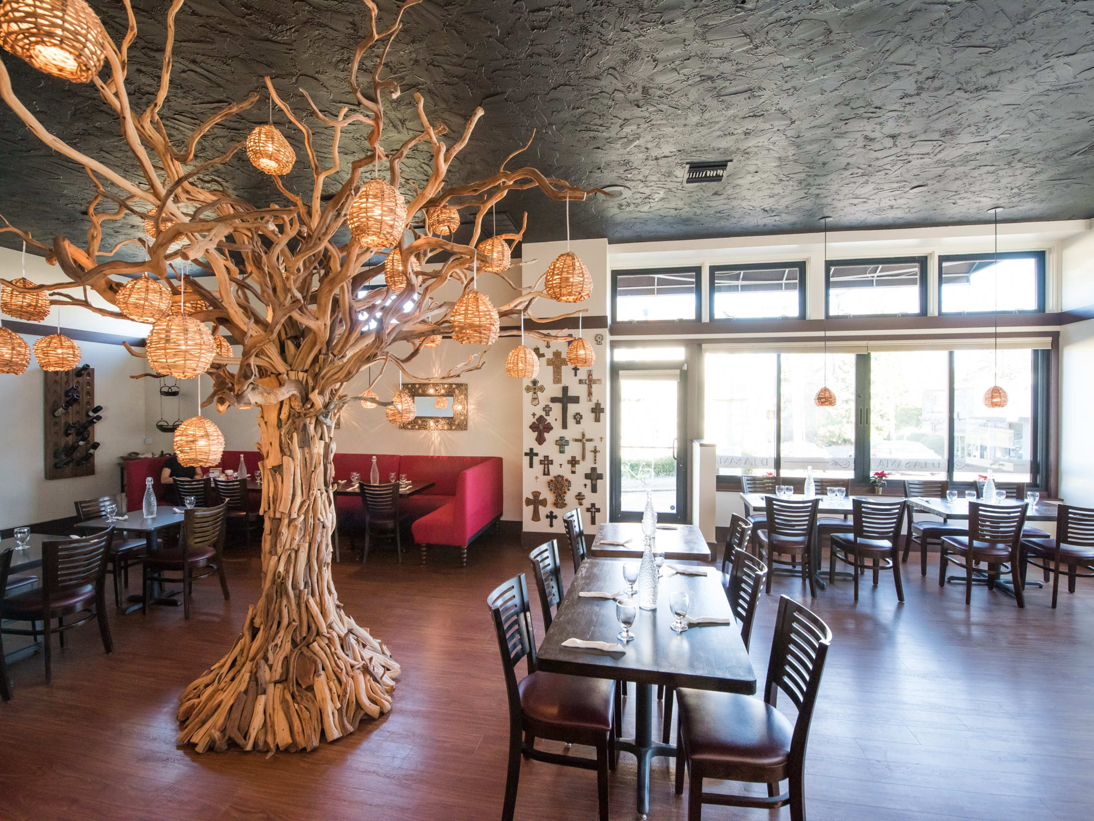 dining room with replica tree