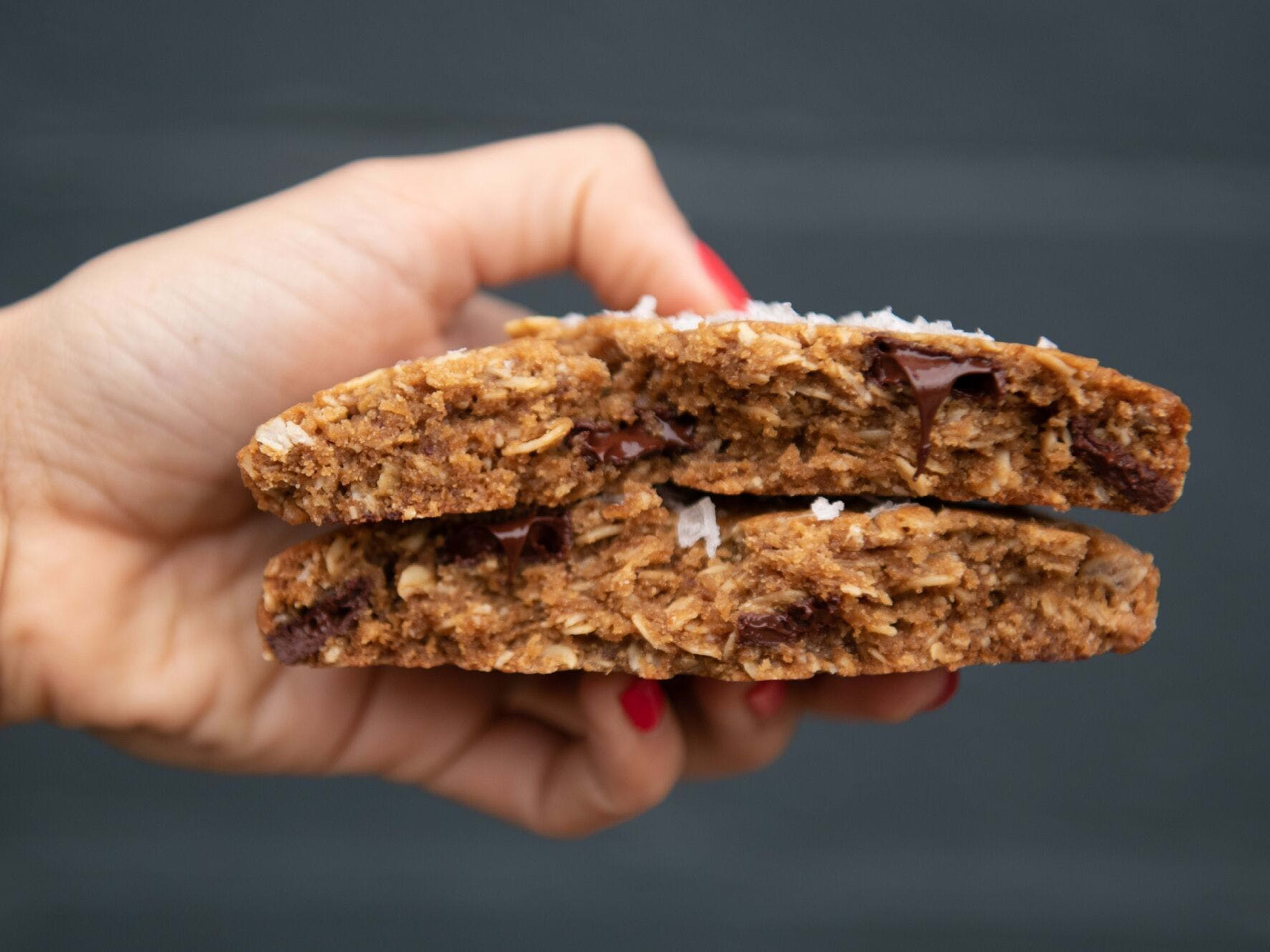 Brown butter oat chocolate chunk cookie topped with flaky salt