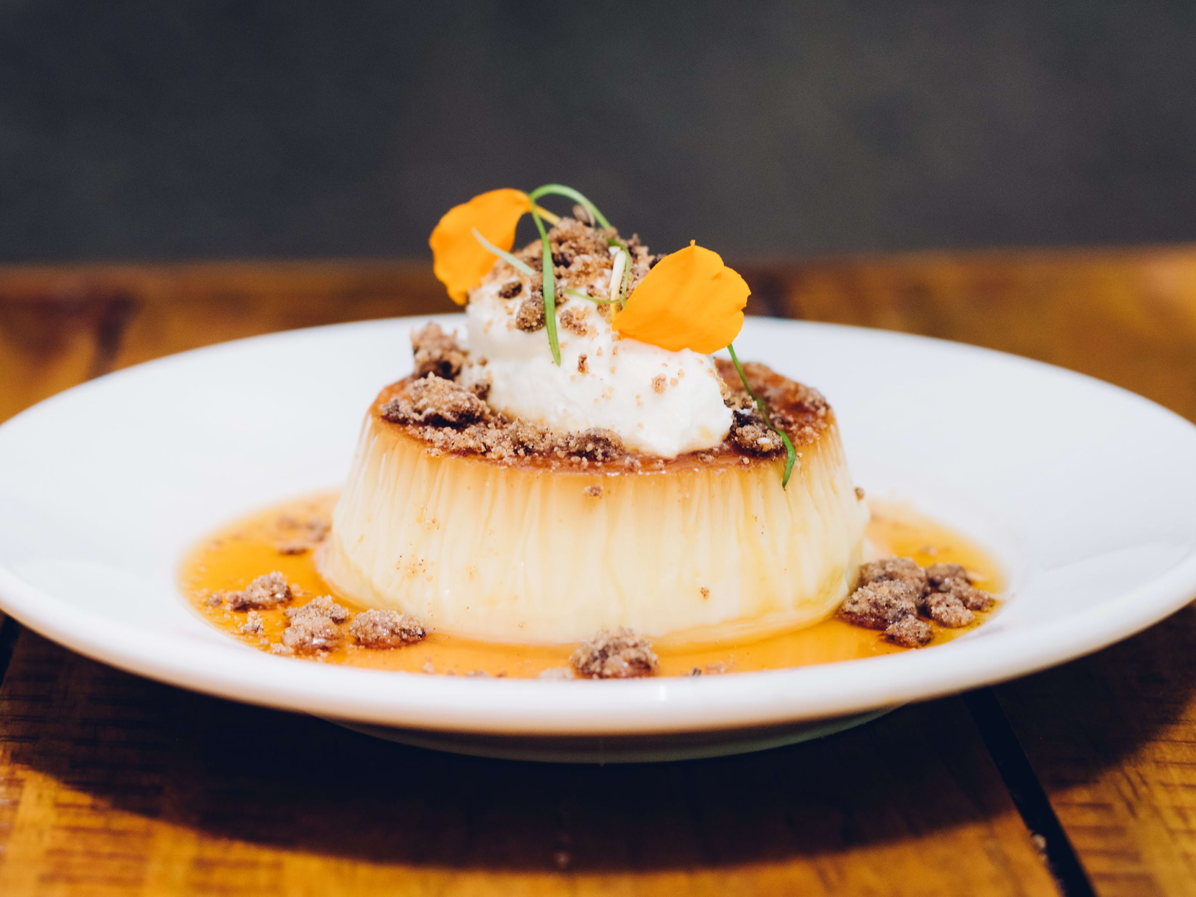 Ariete's flan, with candy cap mushrooms and coffee crumble.