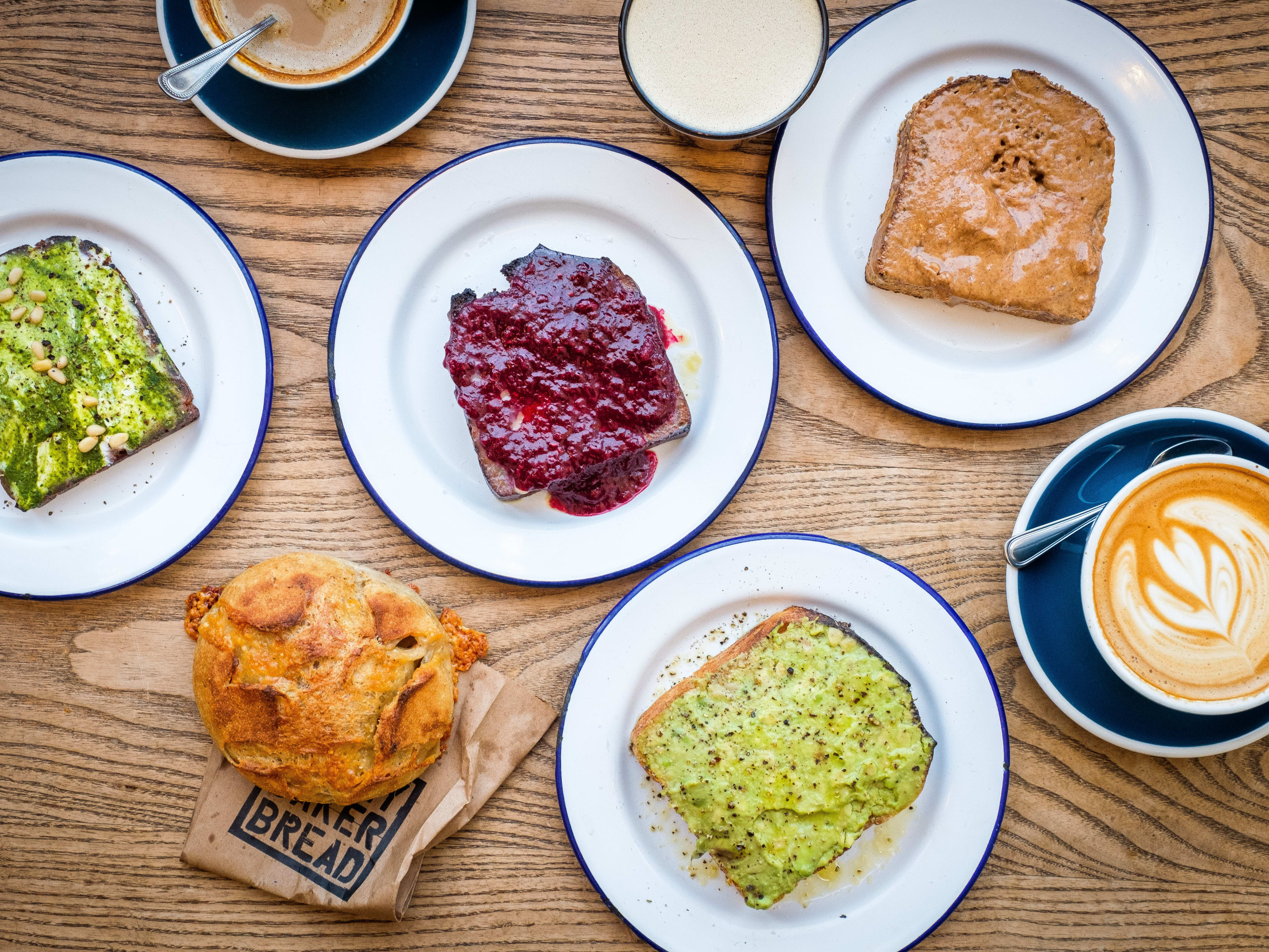 A spread of coffee and toasts at The Mill