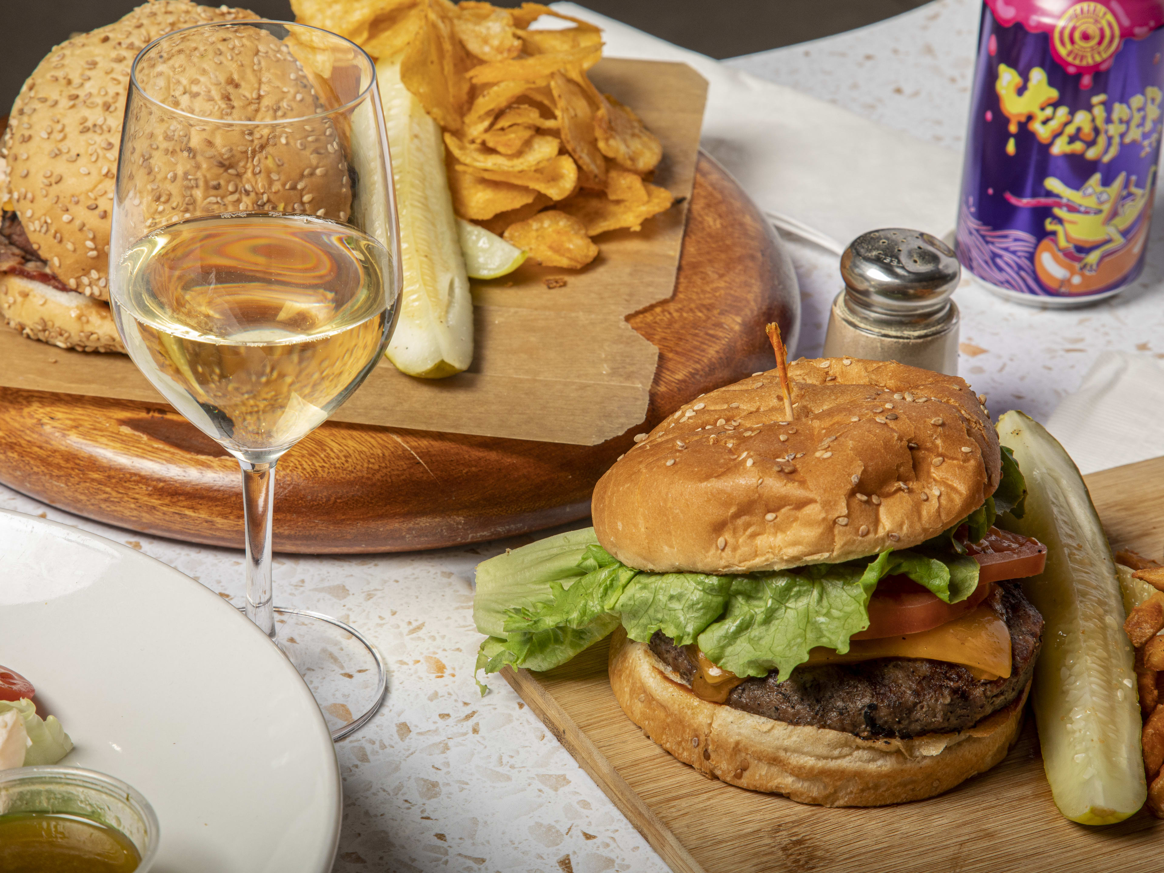 Spread of burgers, wine, and beer at Martin's Wine Cellar