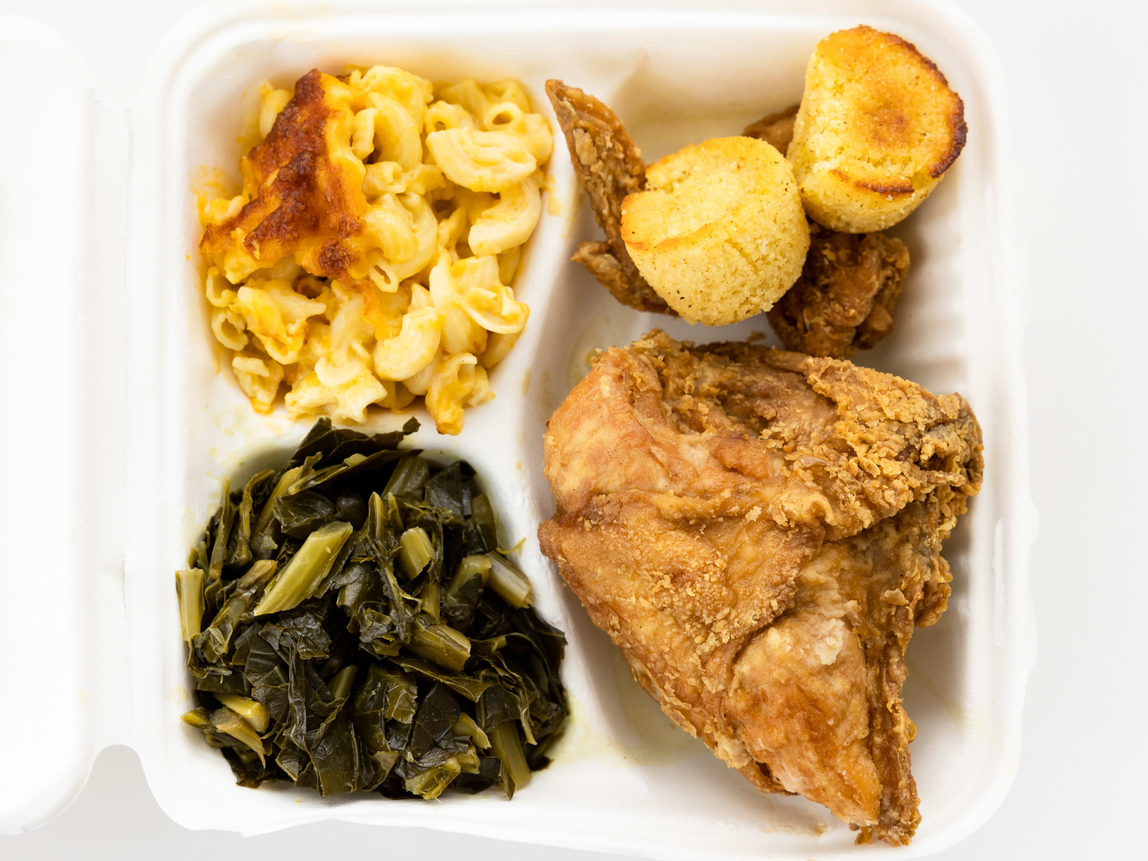 fried chicken, collard greens, and mac and cheese