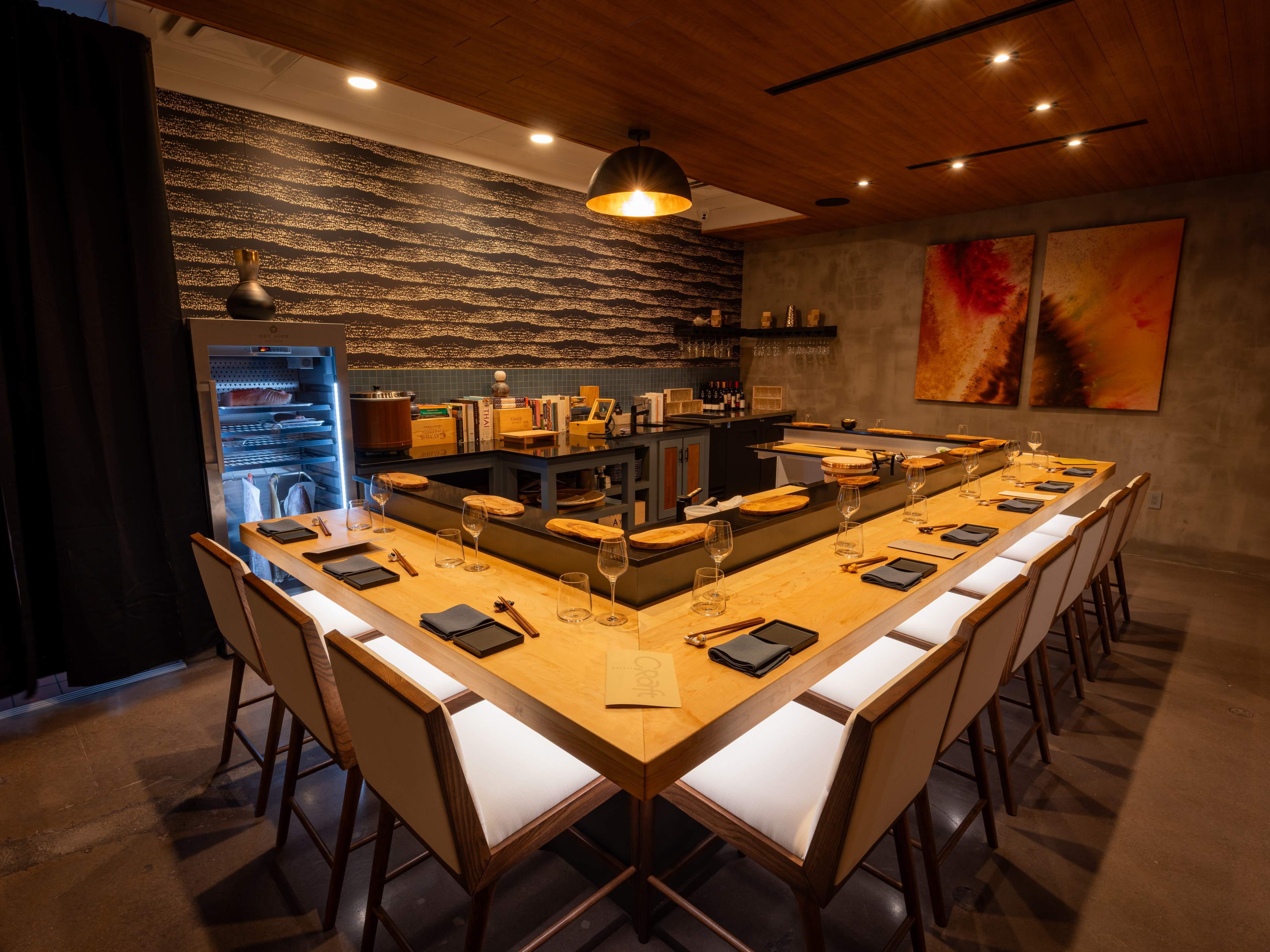 The square sushi bar and counter at Craft Omakase.