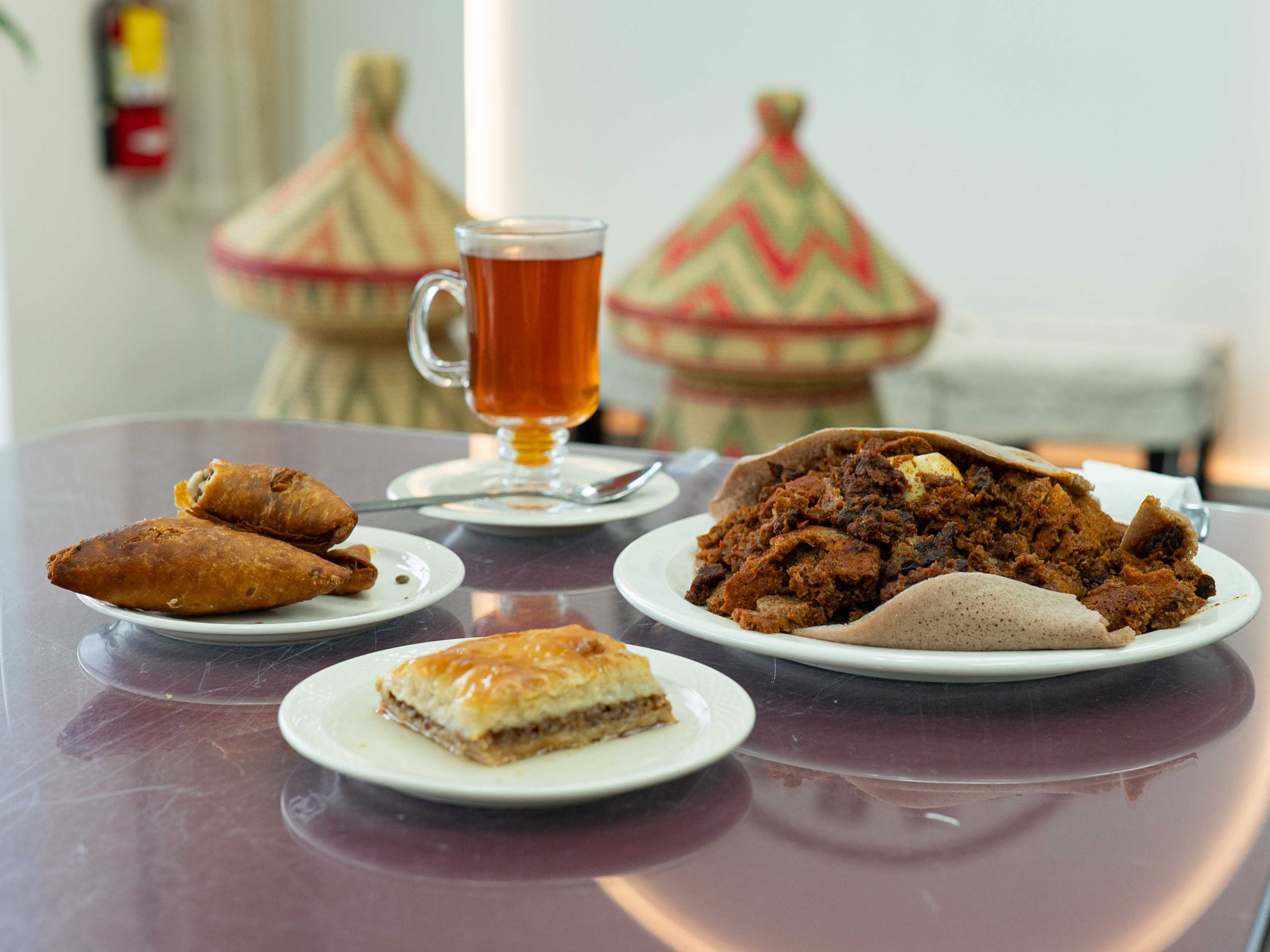 Spread of Ethiopian dishes and tea from Abem.