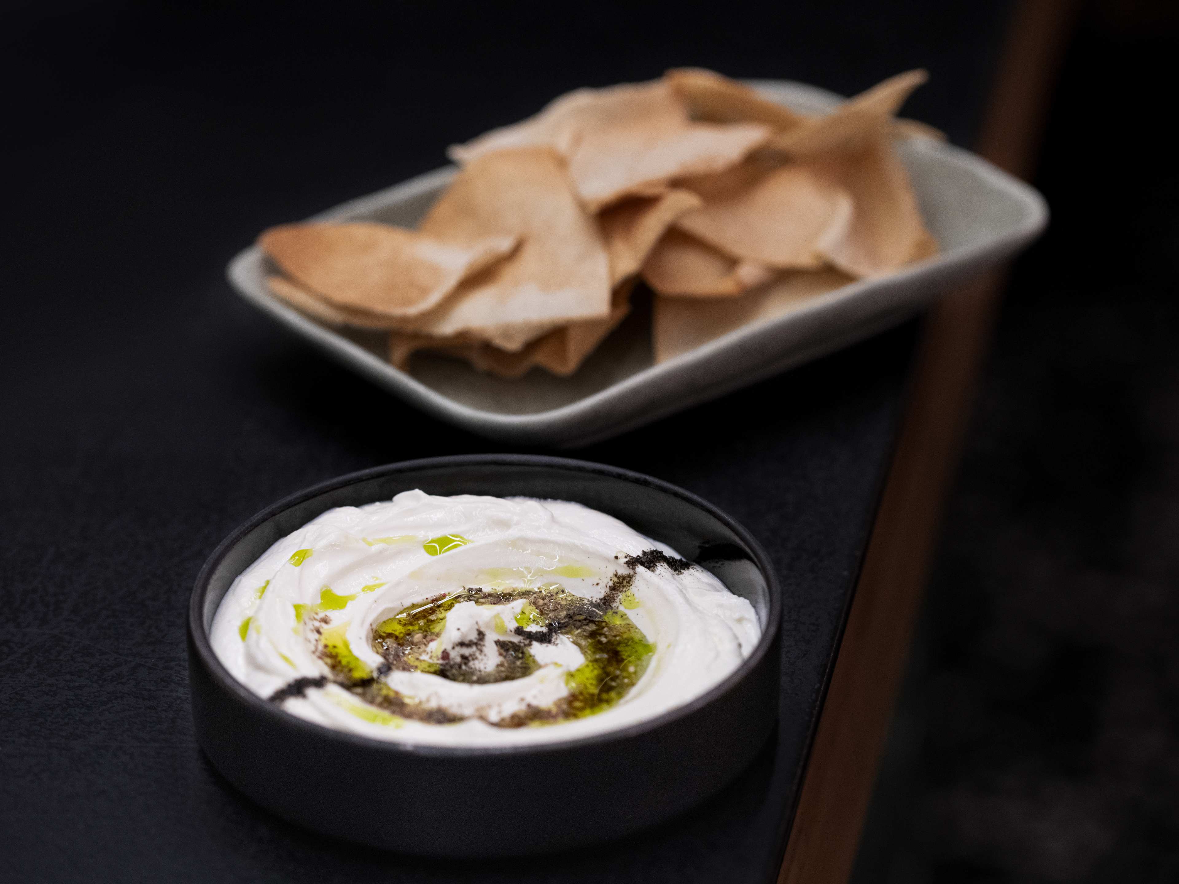 Smoked labneh dip with side of pita chips at Albe