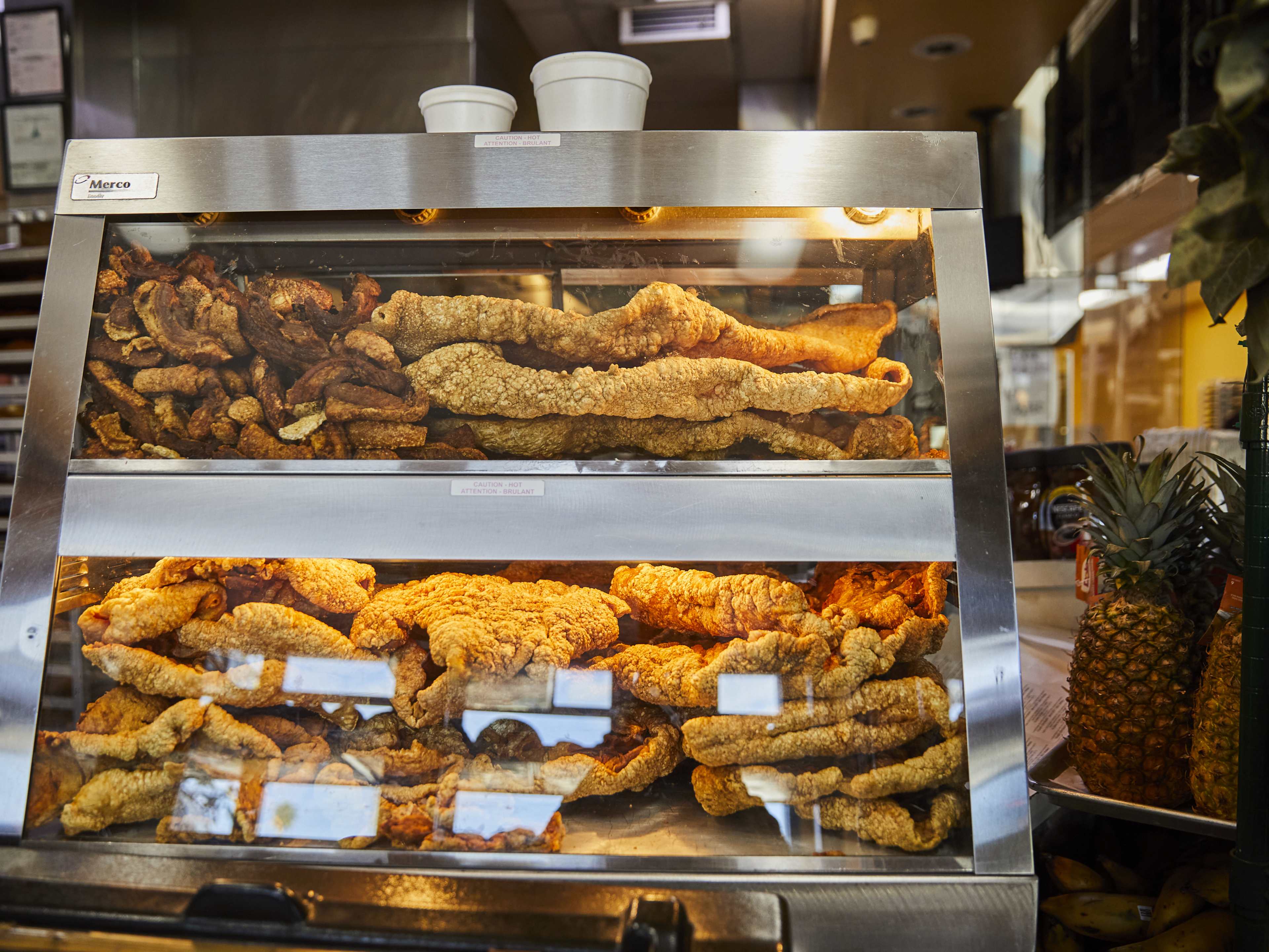 Meat in a case at La Mayordomía.