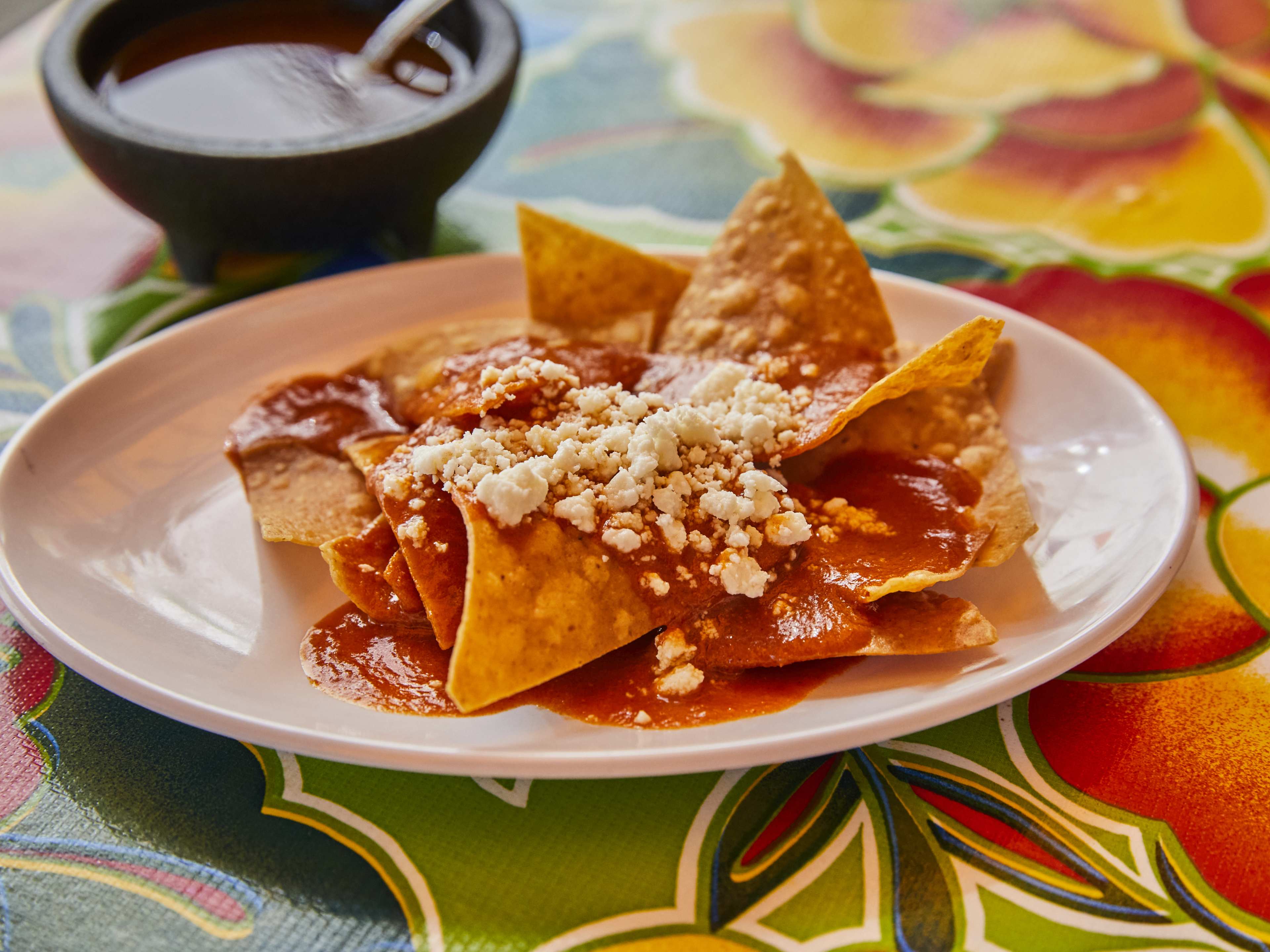 Chips and salsa and cheese from Sabores Oaxaqueños.