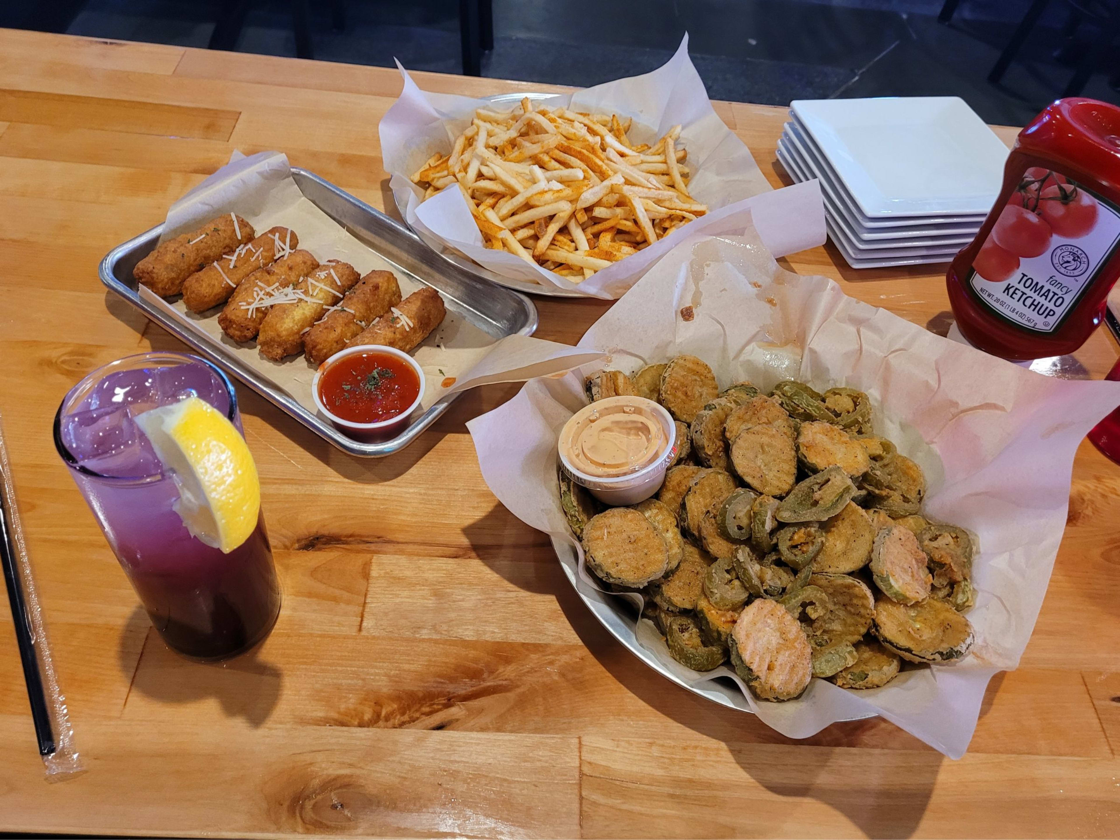 fried pickles, mozzarella sticks, and fries