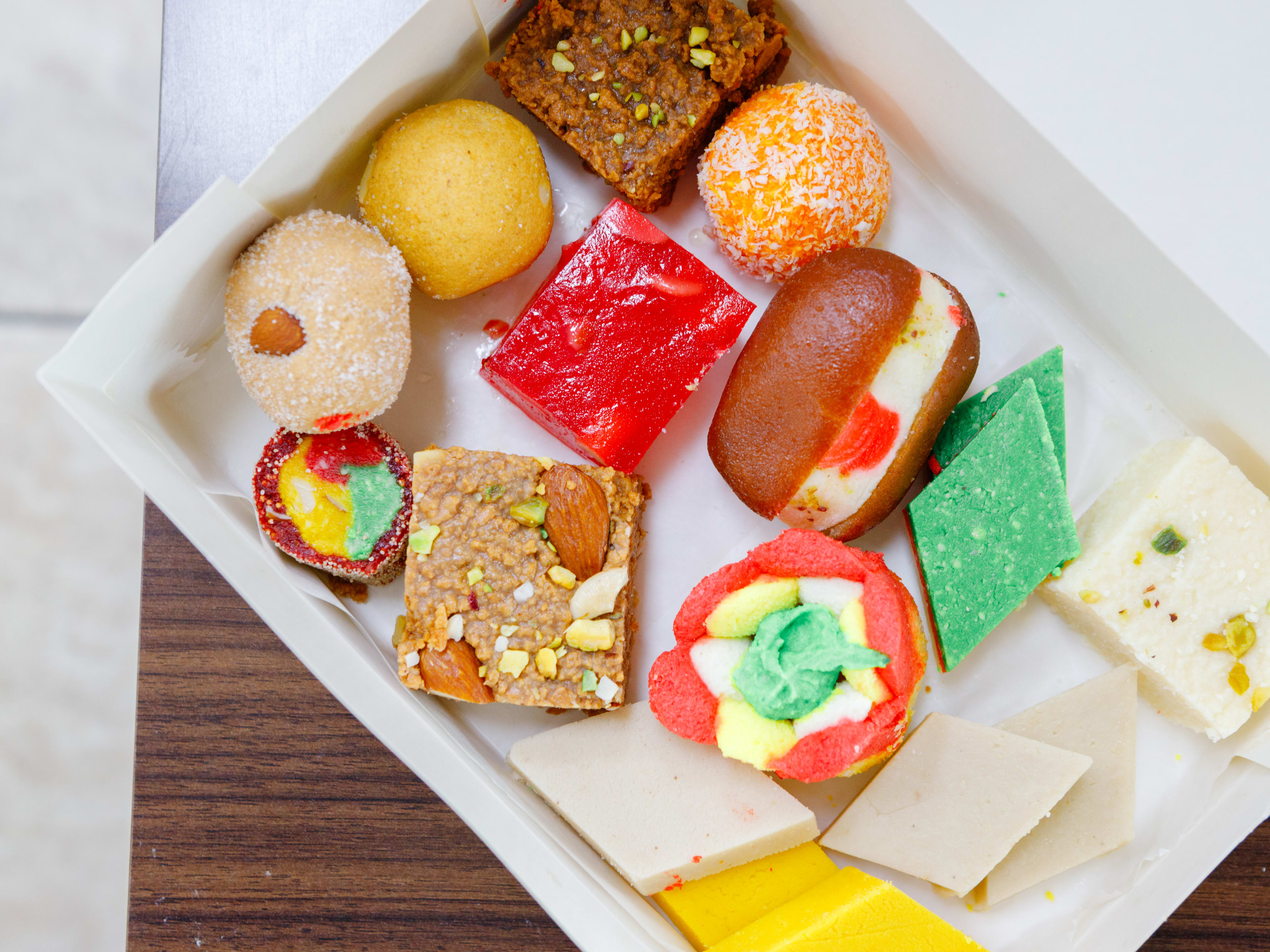 A box of desserts from Bombay Sweets.