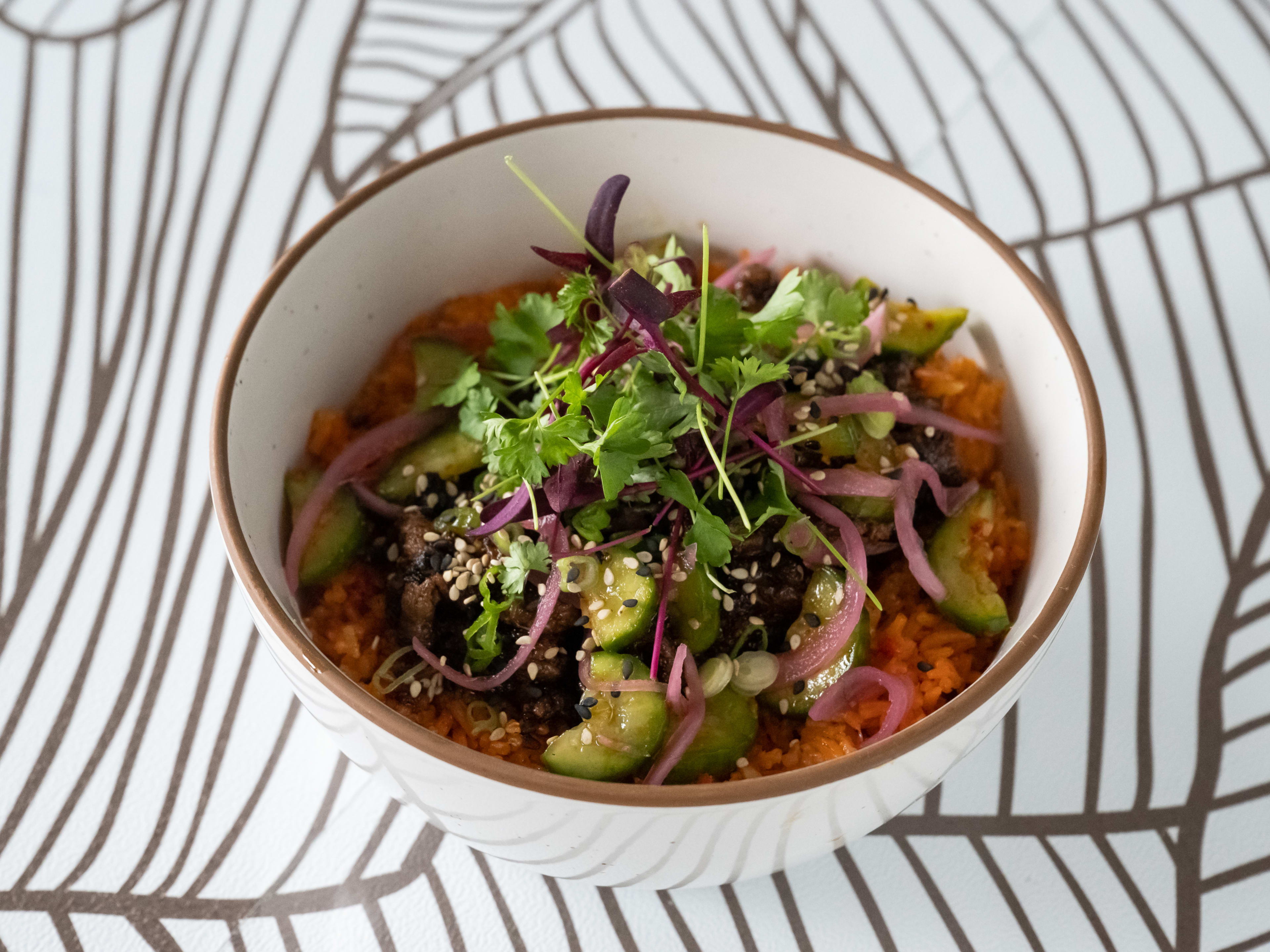 rice bowl topped with beef bulgogi, cucumbers, sesame seeds, pickled red onion, scallions, and herbs.