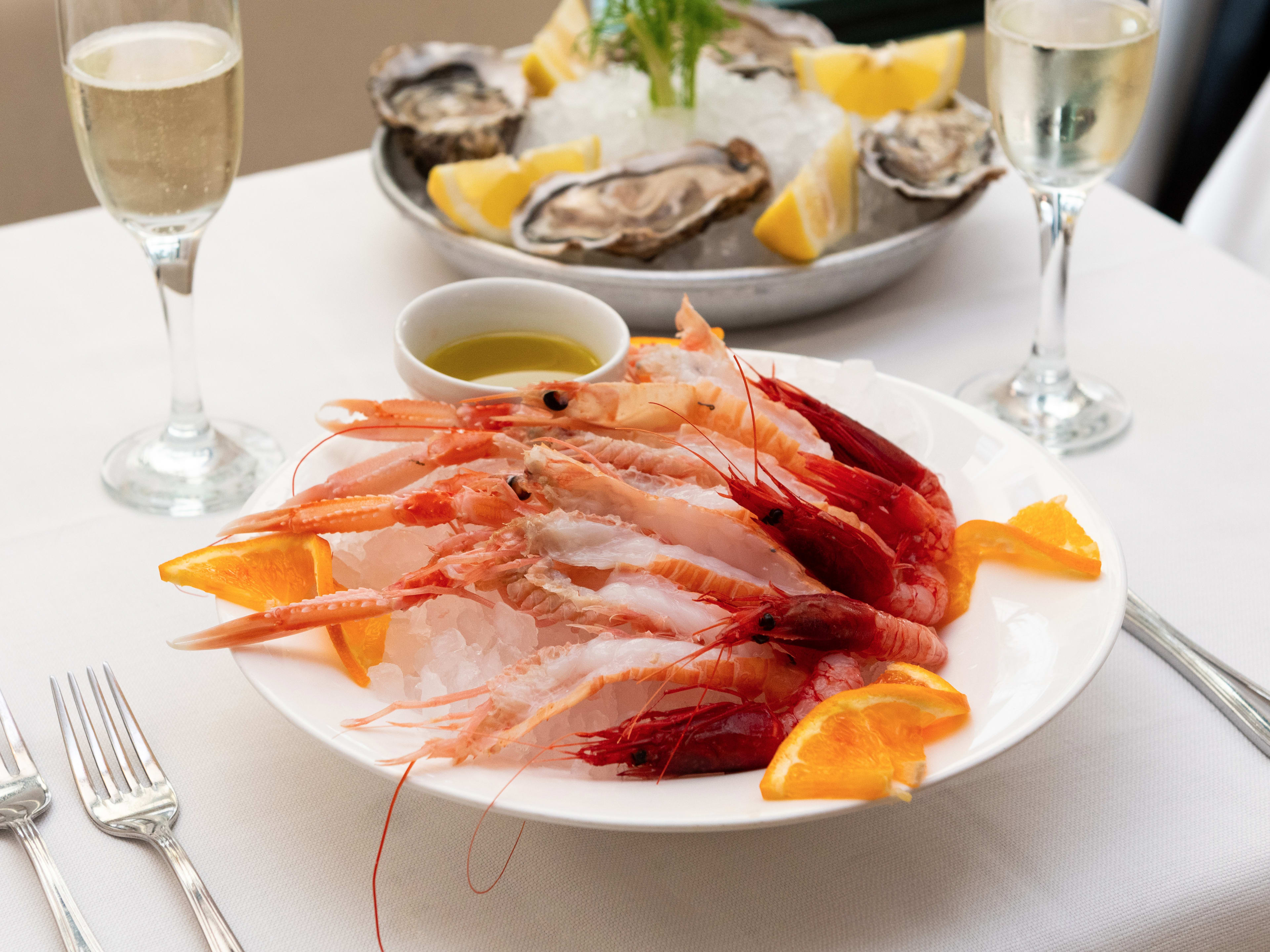 Fresh prawns and oysters served over ice at Capo Boi