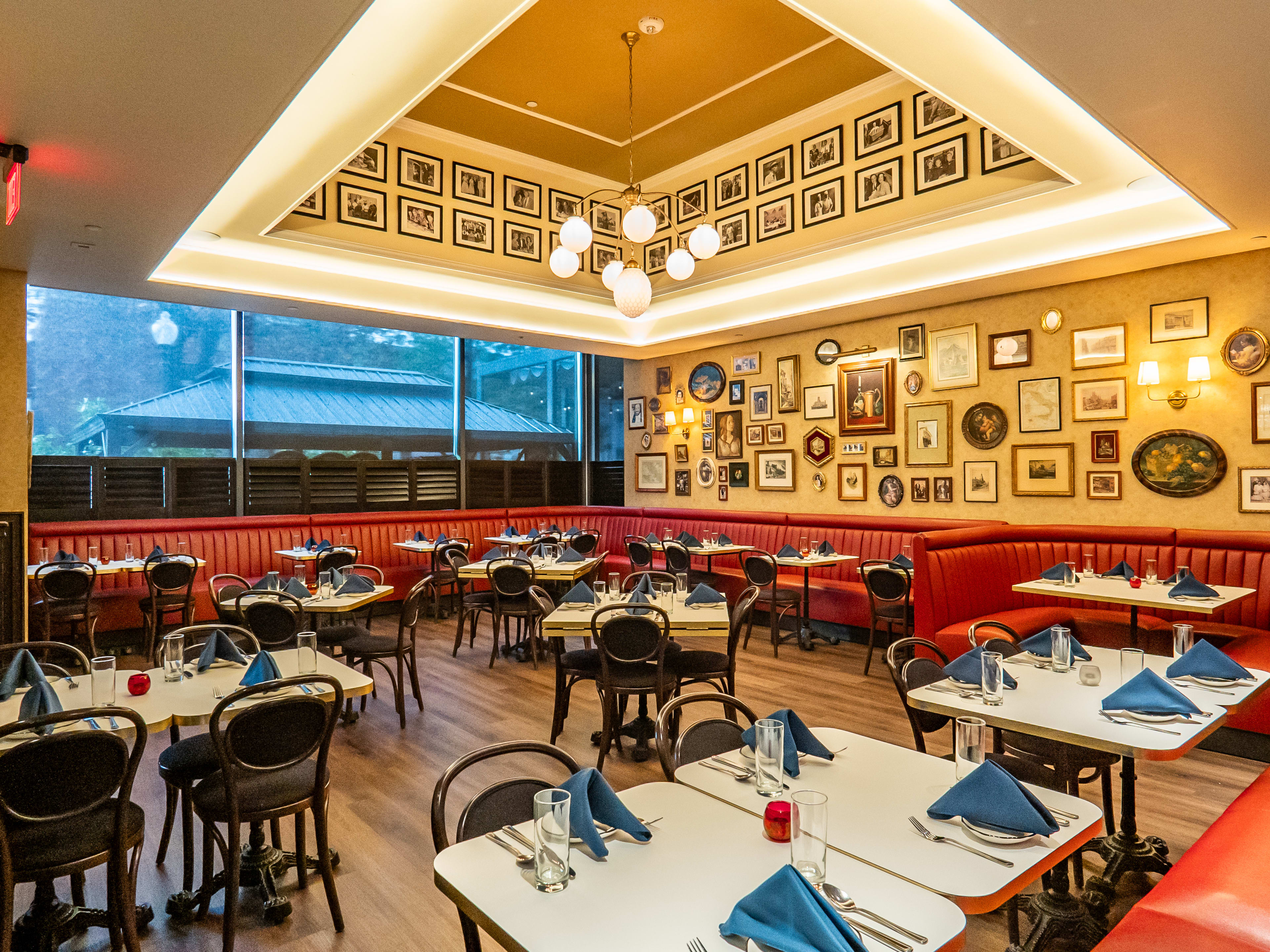 interior with leather booths and tables with bistro chairs