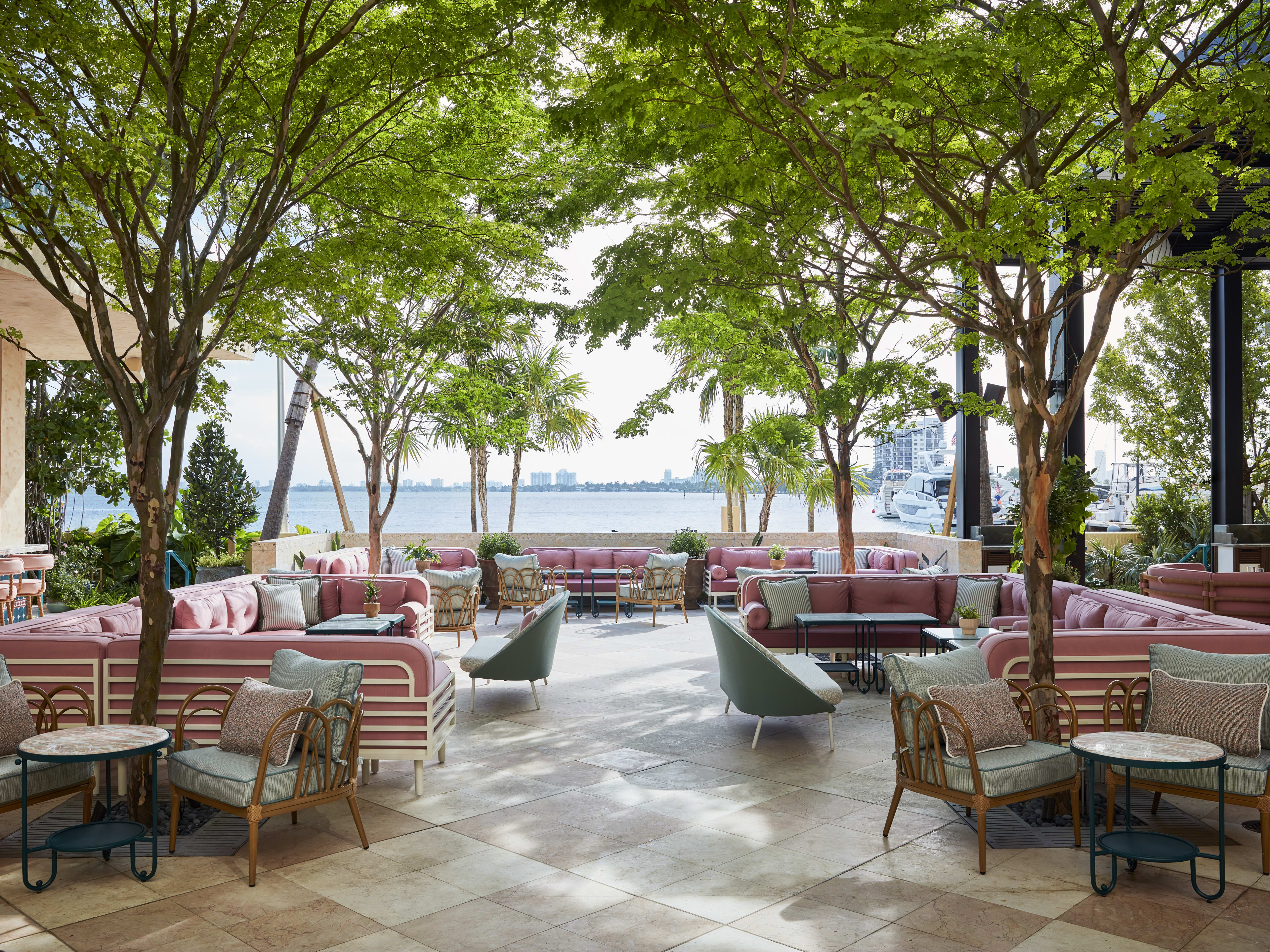 An outdoor patio with waterfront seating.