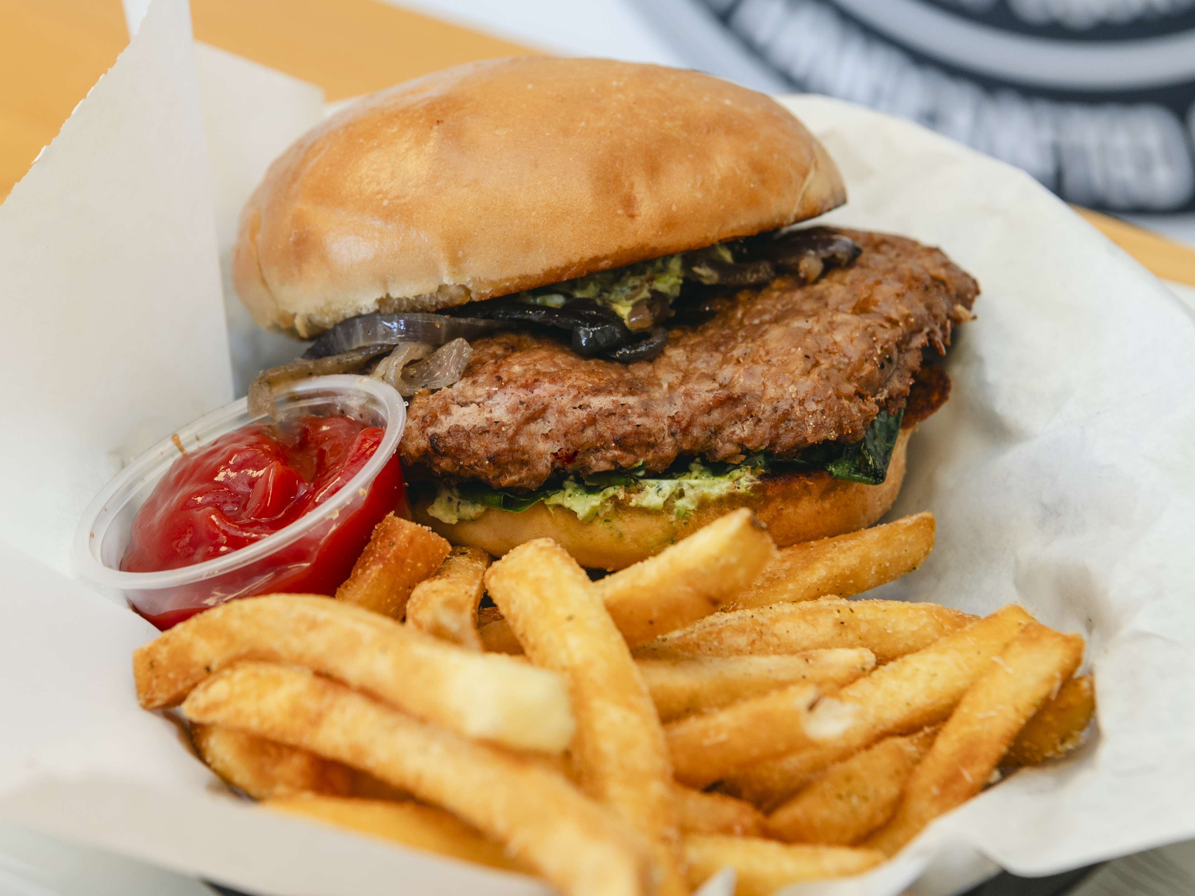 Lamb burger with fries