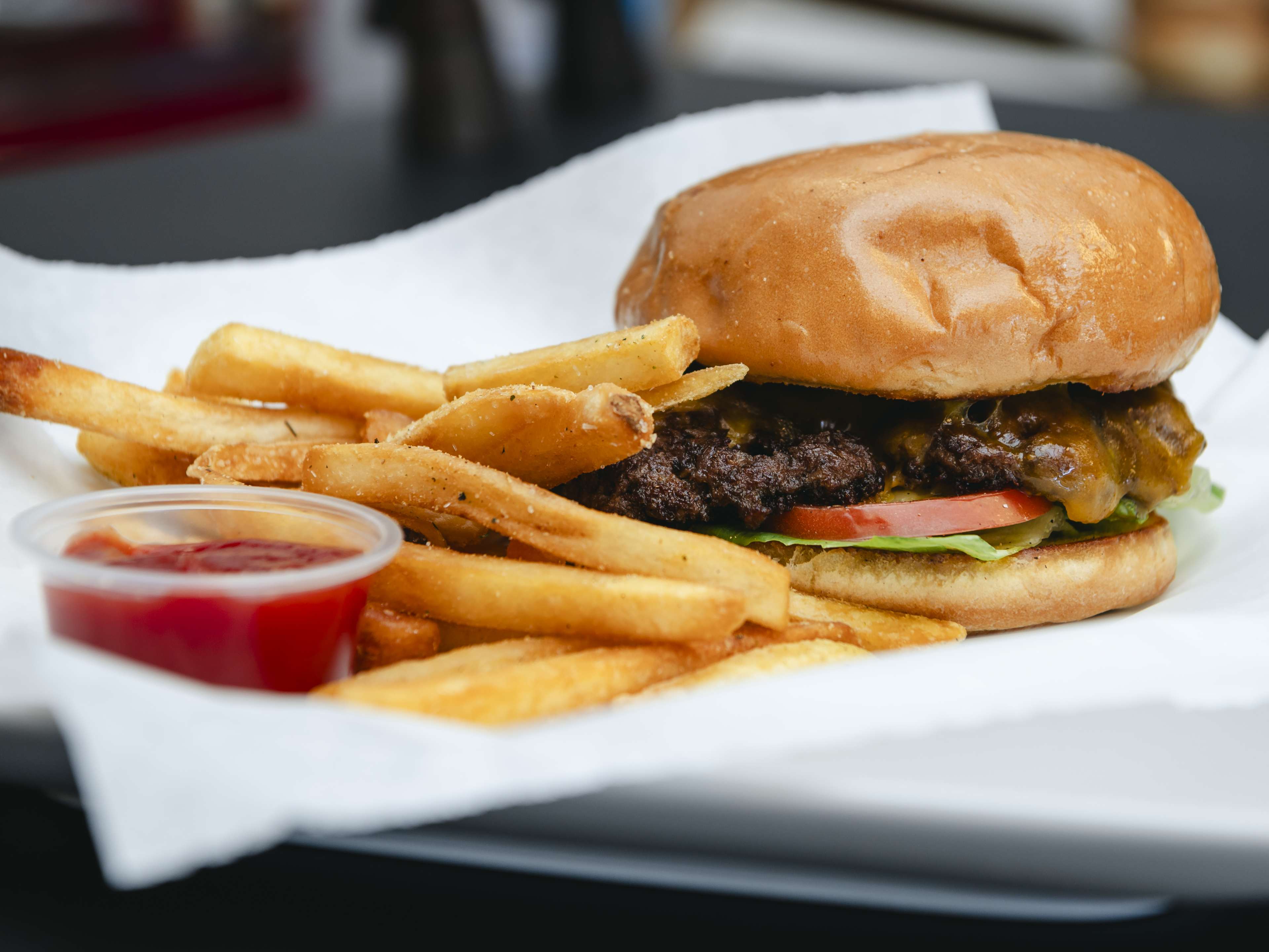 beef smash burger with fries