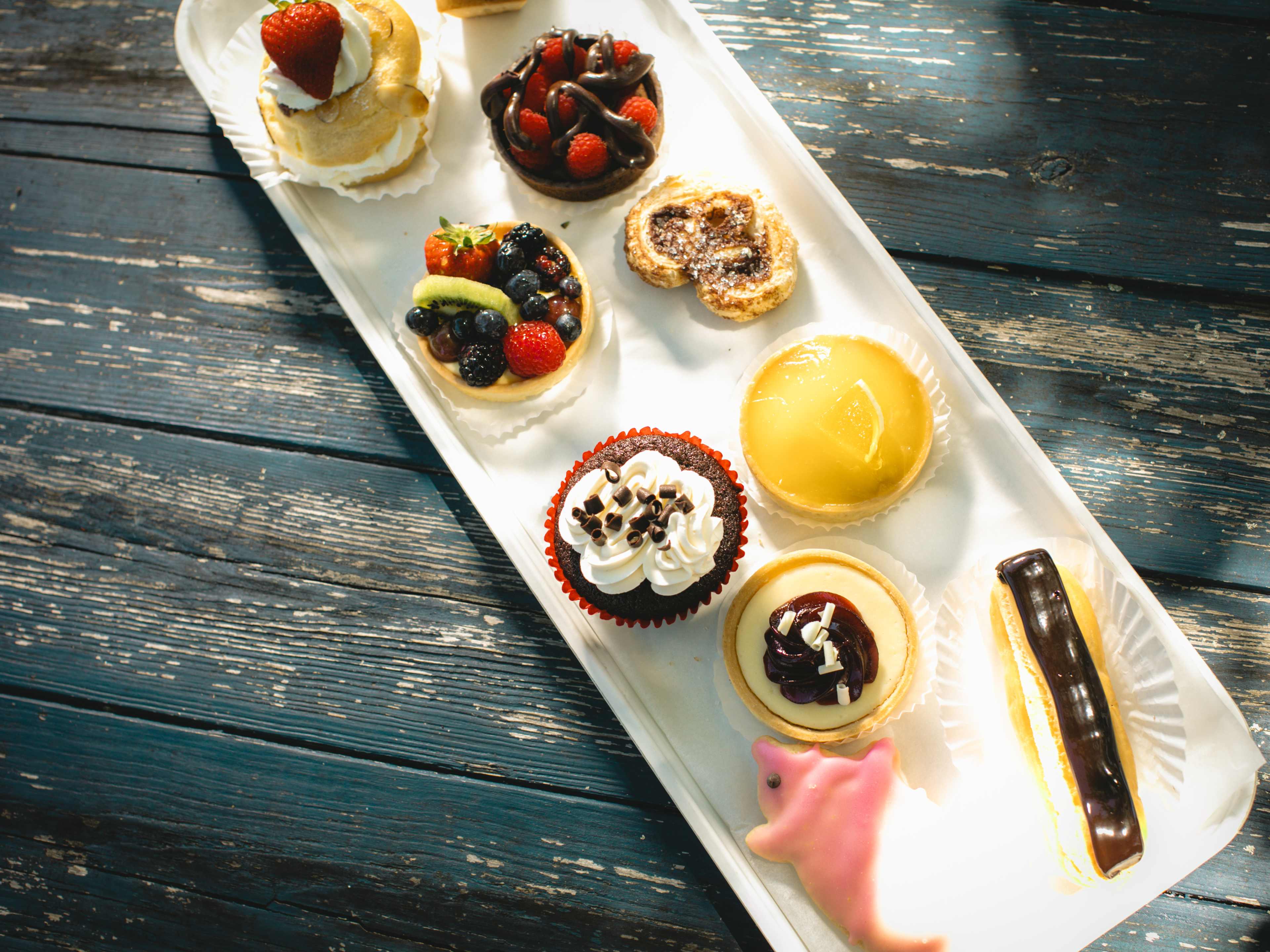 An overhead shot of various desserts