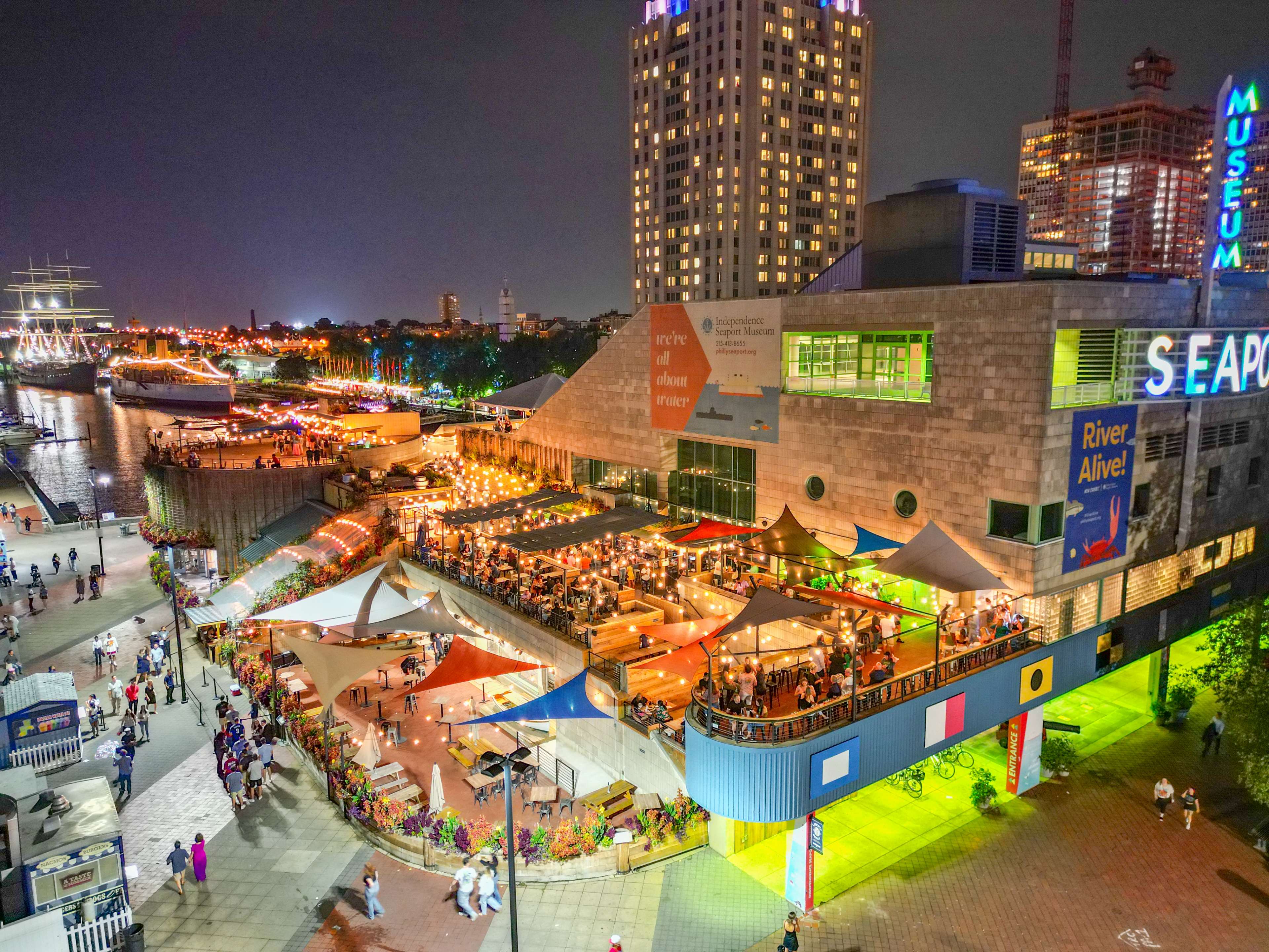 nighttime at rooftop bar