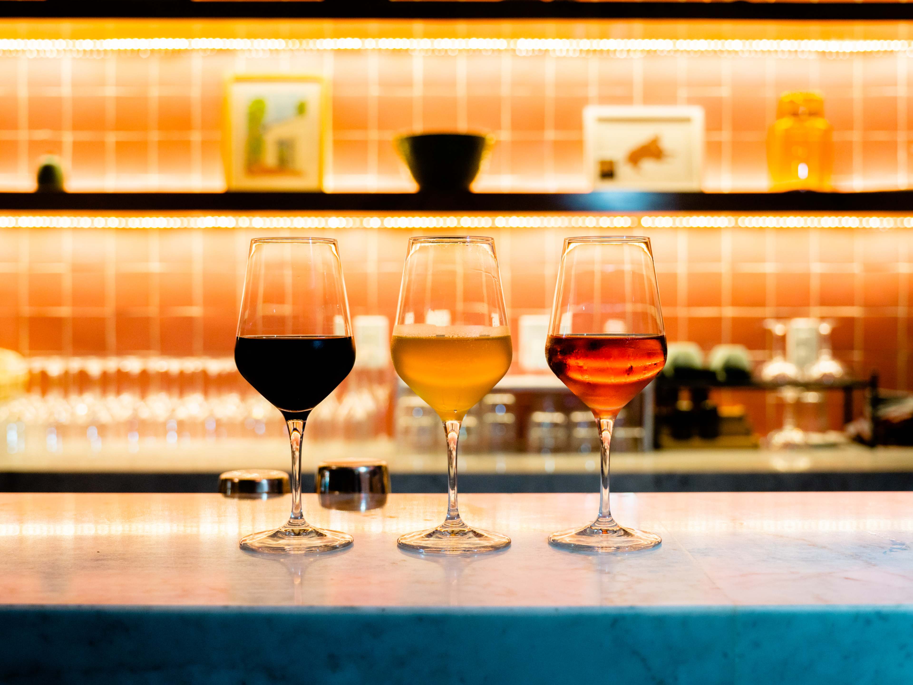 Wine flight on bar at La Confianza