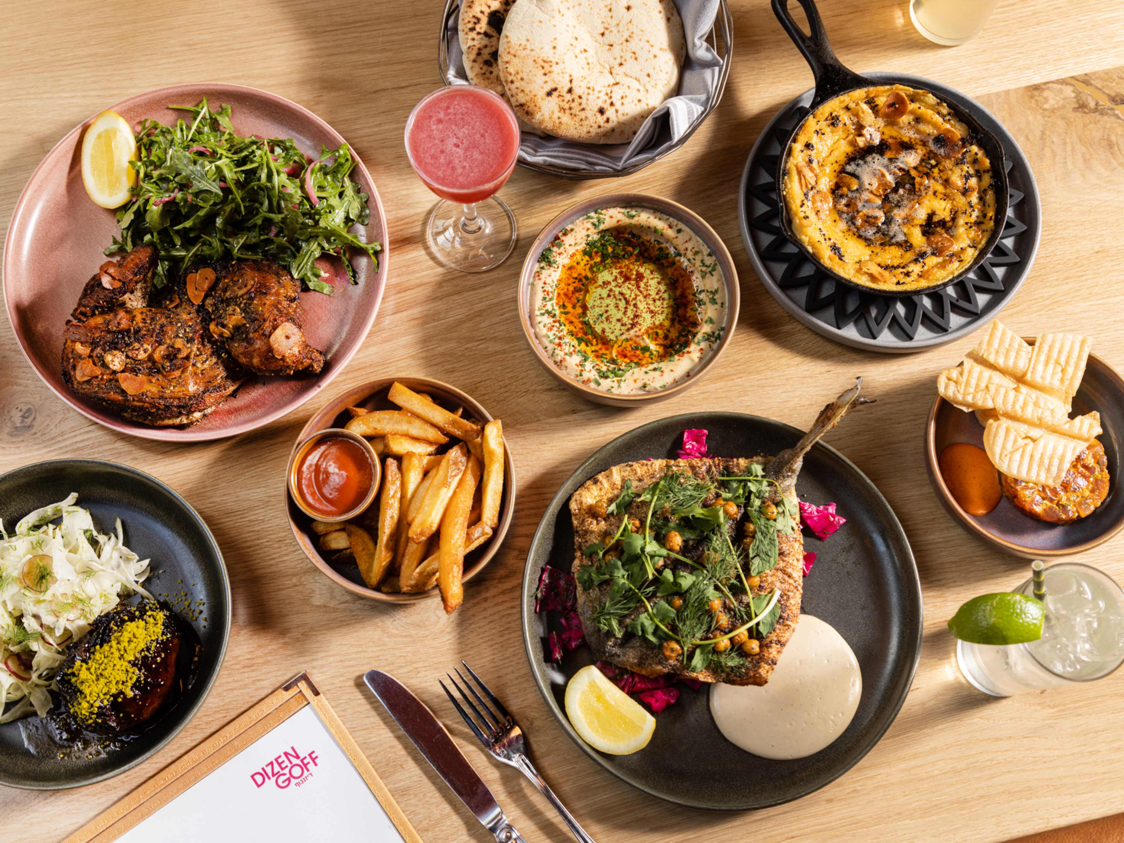 This is a food spread at Dizengoff.