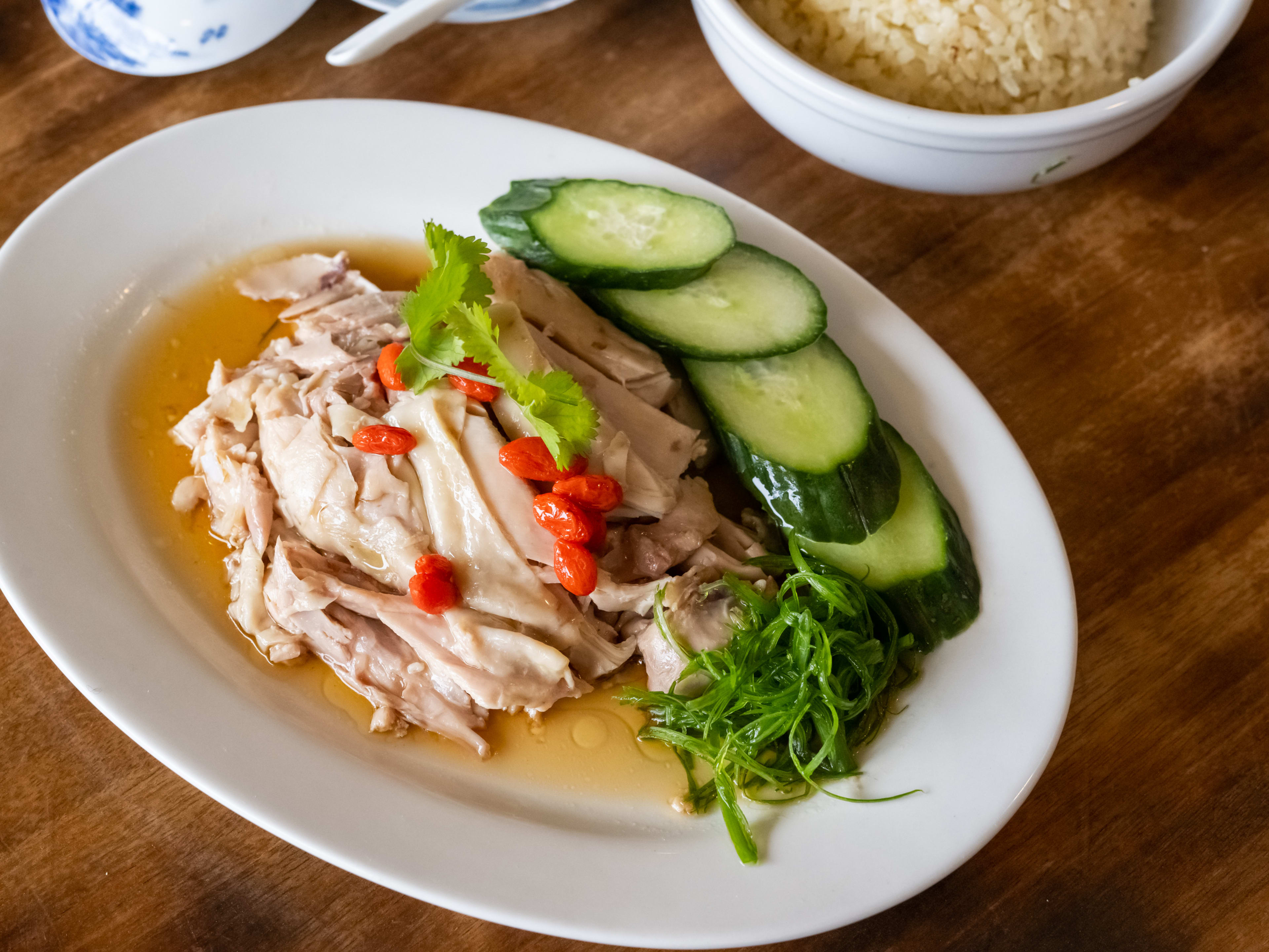 Plate of chicken topped with goji berries, cucumber slices, and scallions