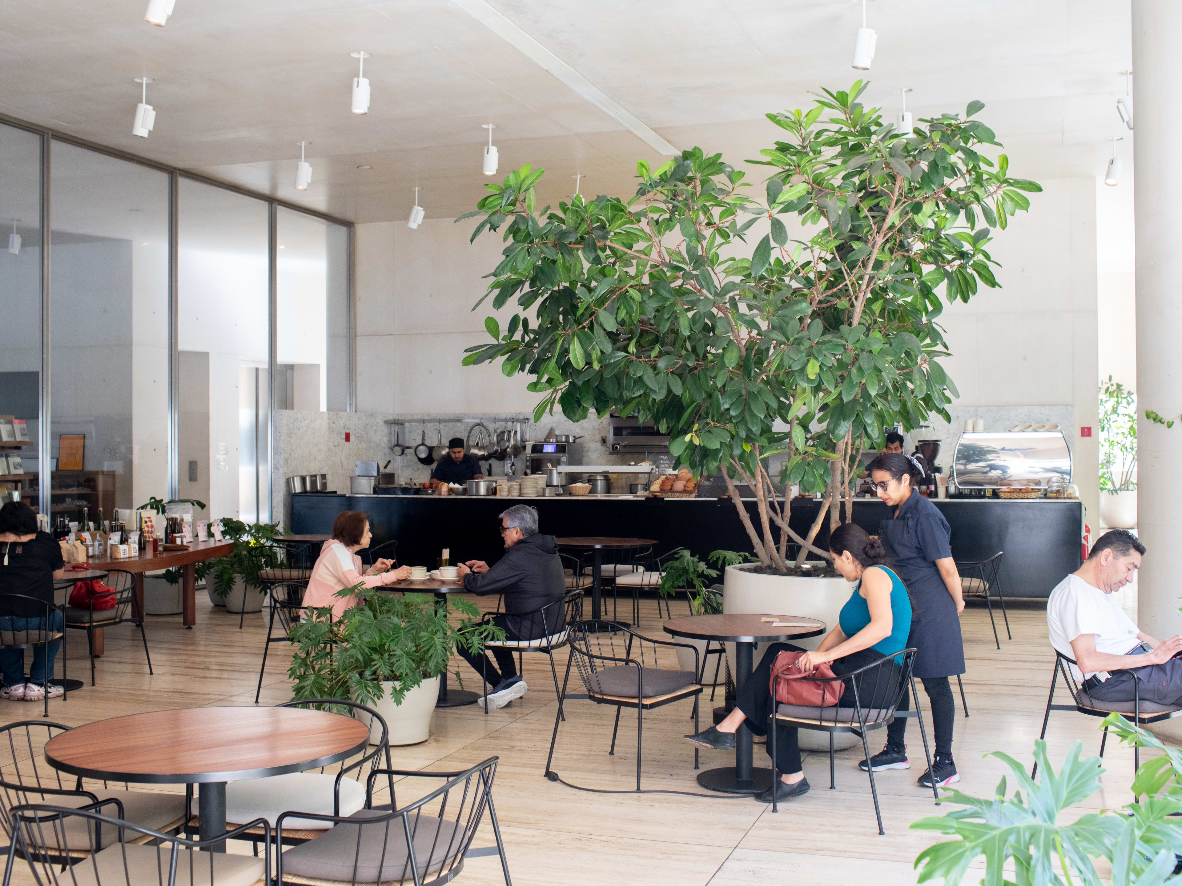 People sitting at tables inside Eno, a sparsely-decorated restaurant in Mexico City