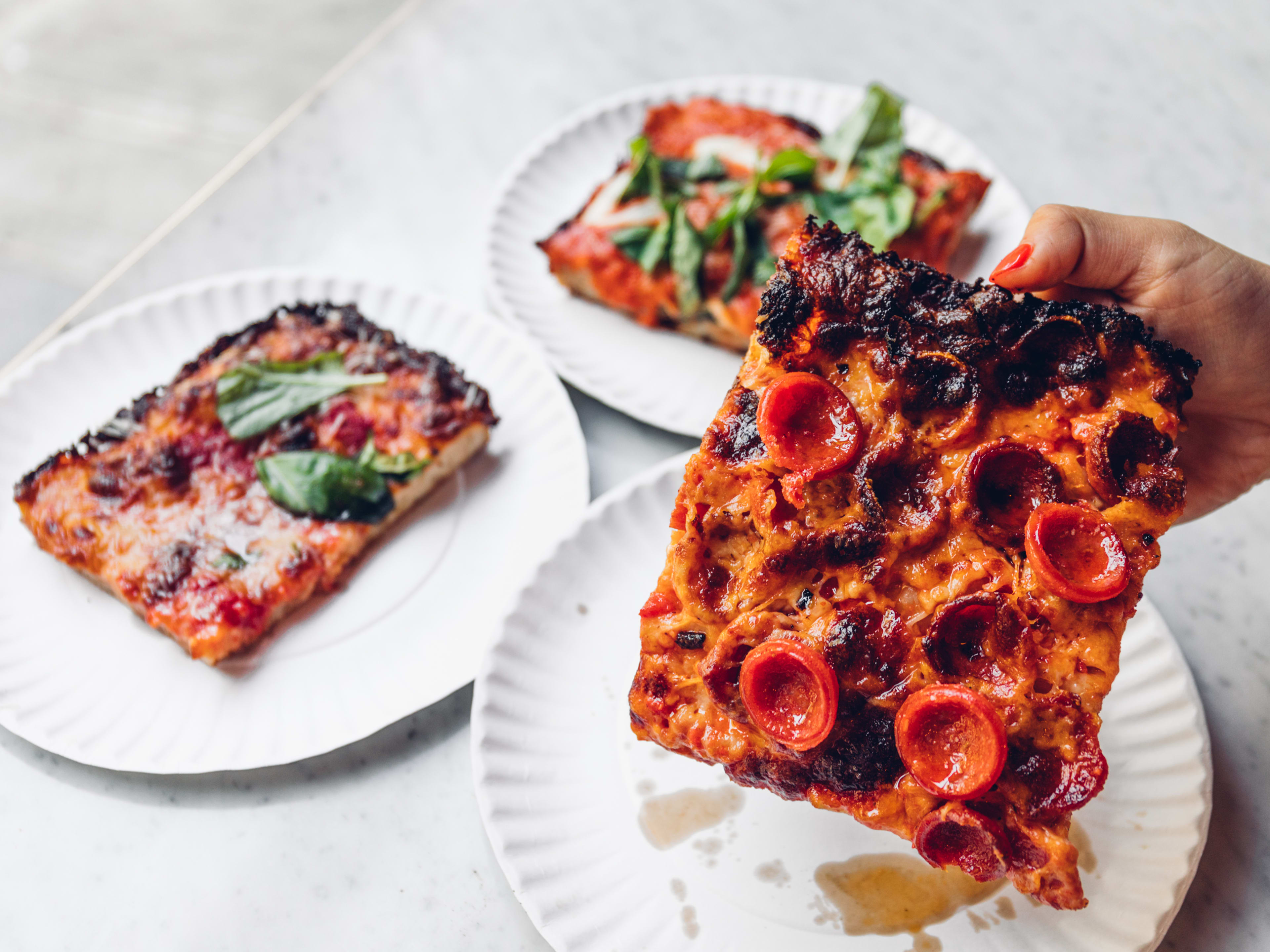 Three slices of pizza from Mama's Too.