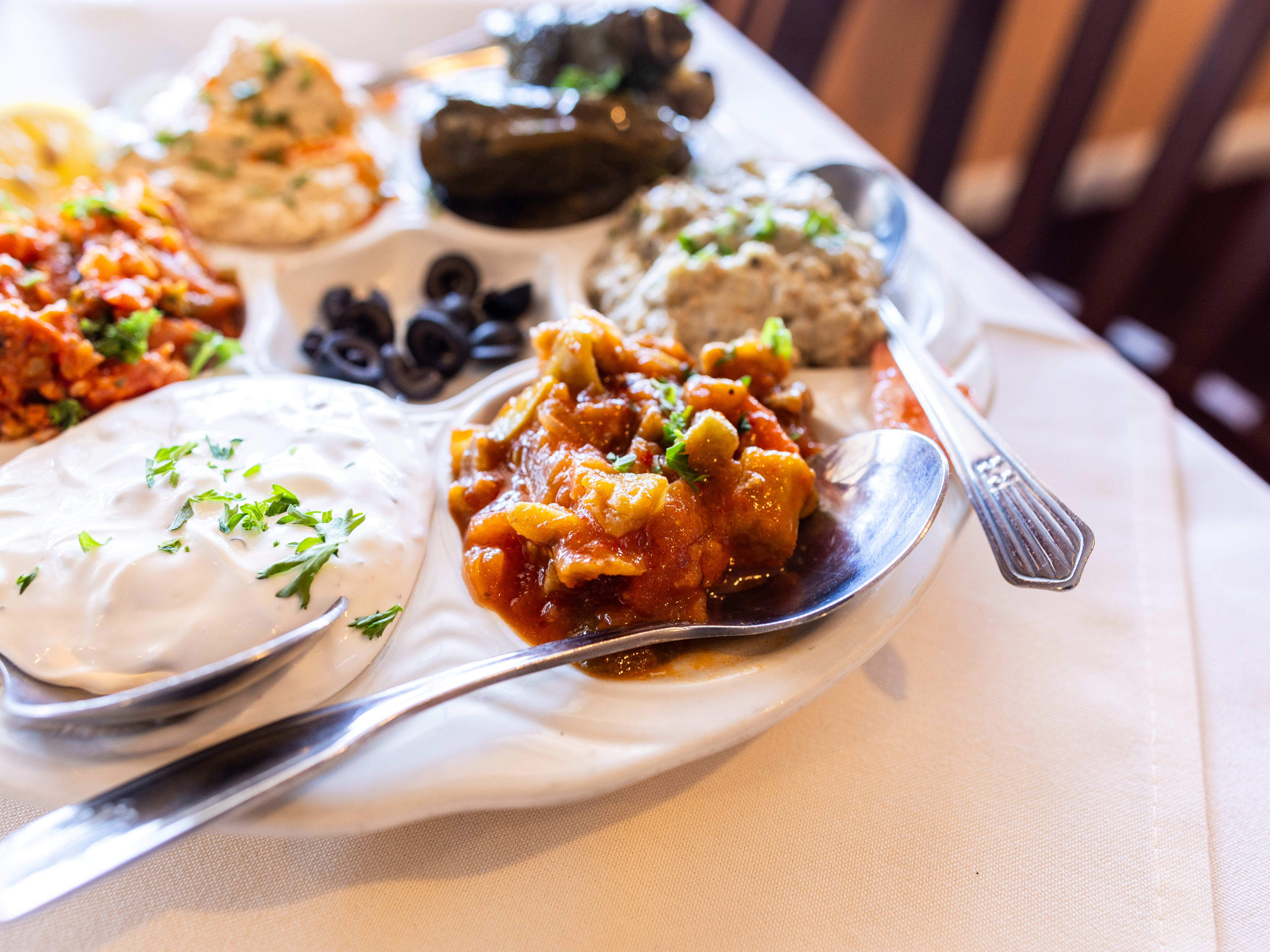 A close-up of items in the mix appetizer platter at Empire Turkish Grill.