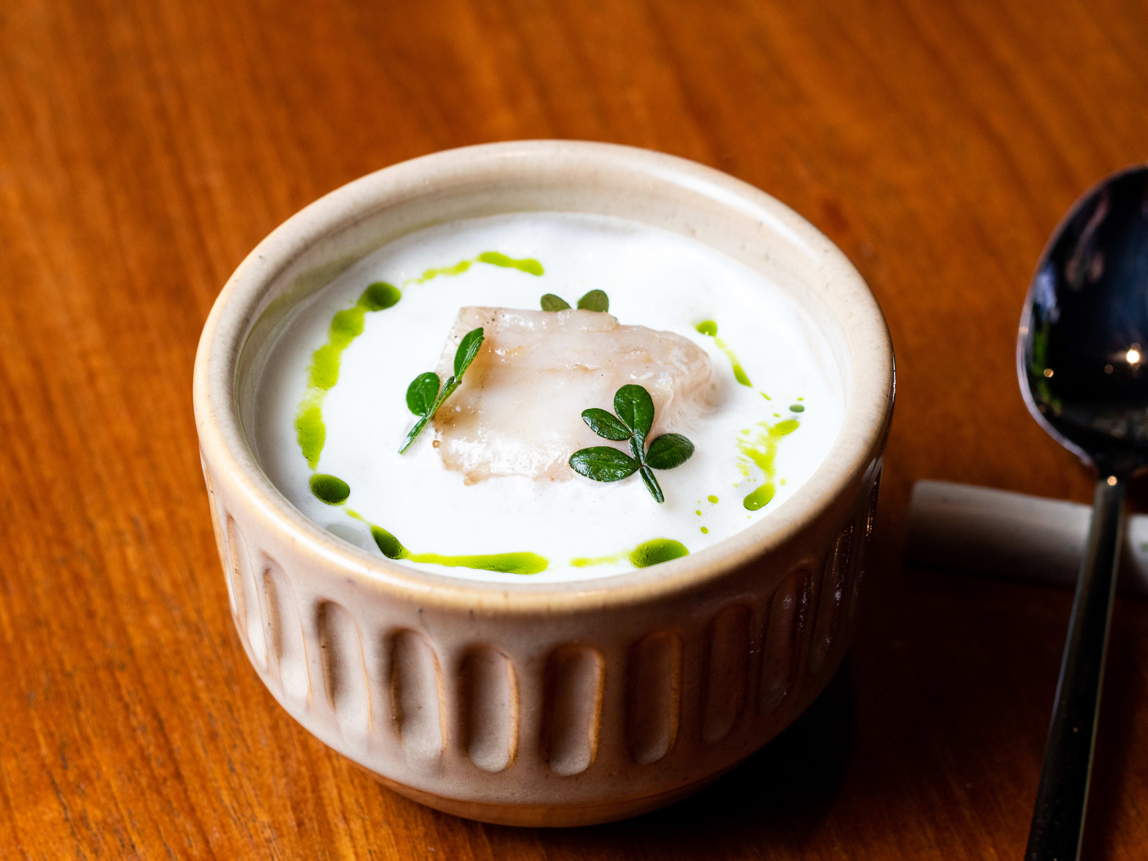 Chawanmushi in a white ceramic bowl.