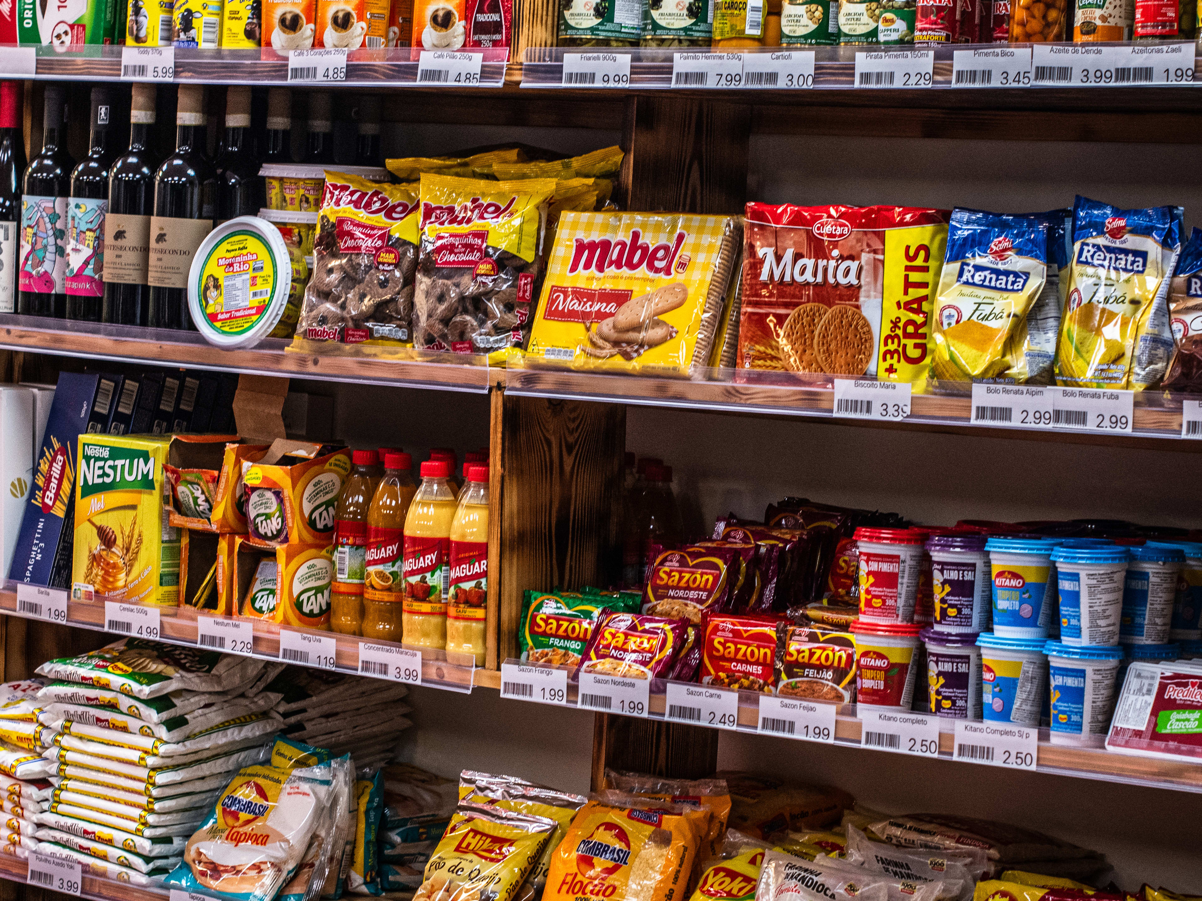 Grocery items on shelves at Fine Cut Butchers.