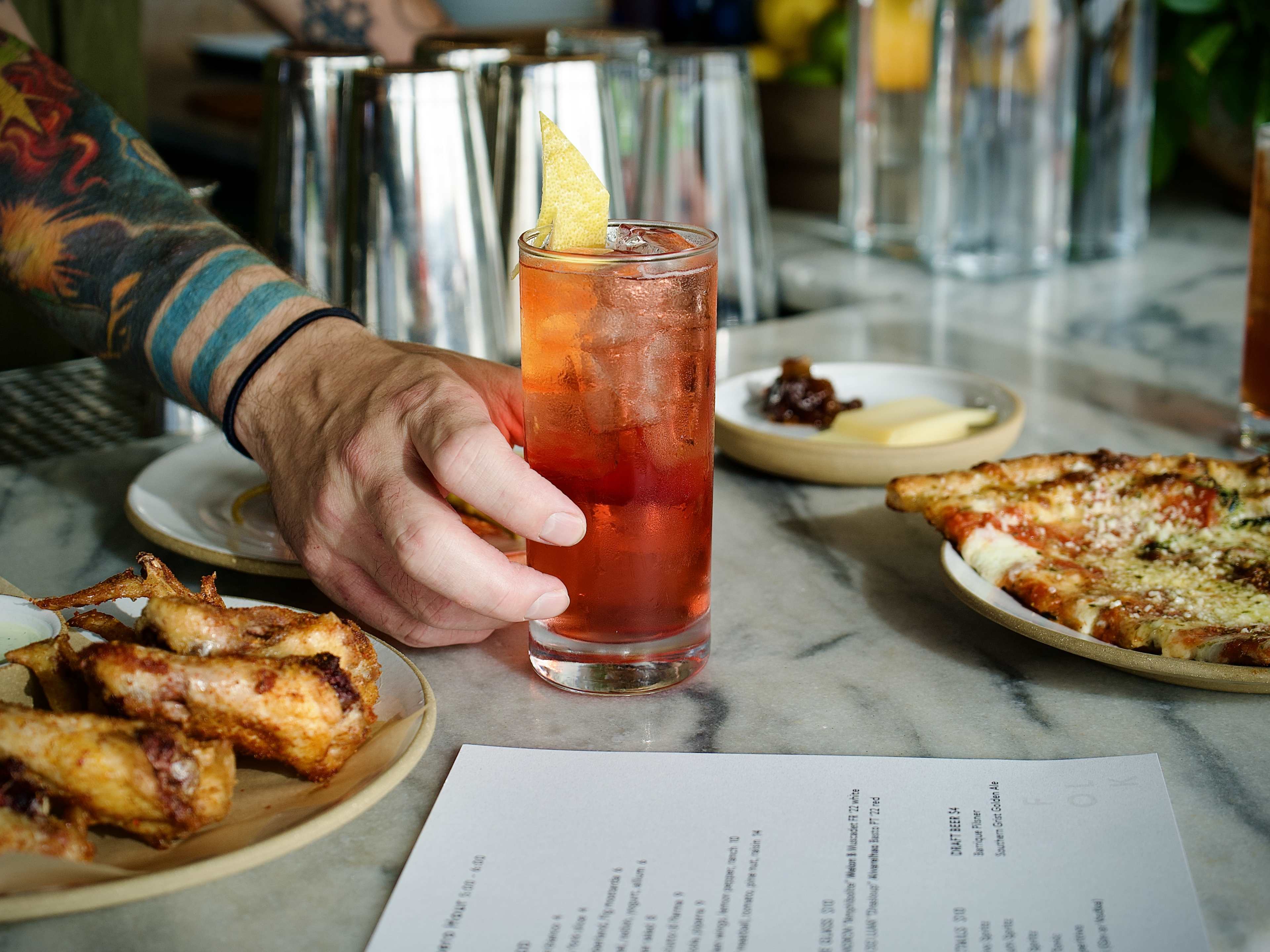 spritz with pizza and wings